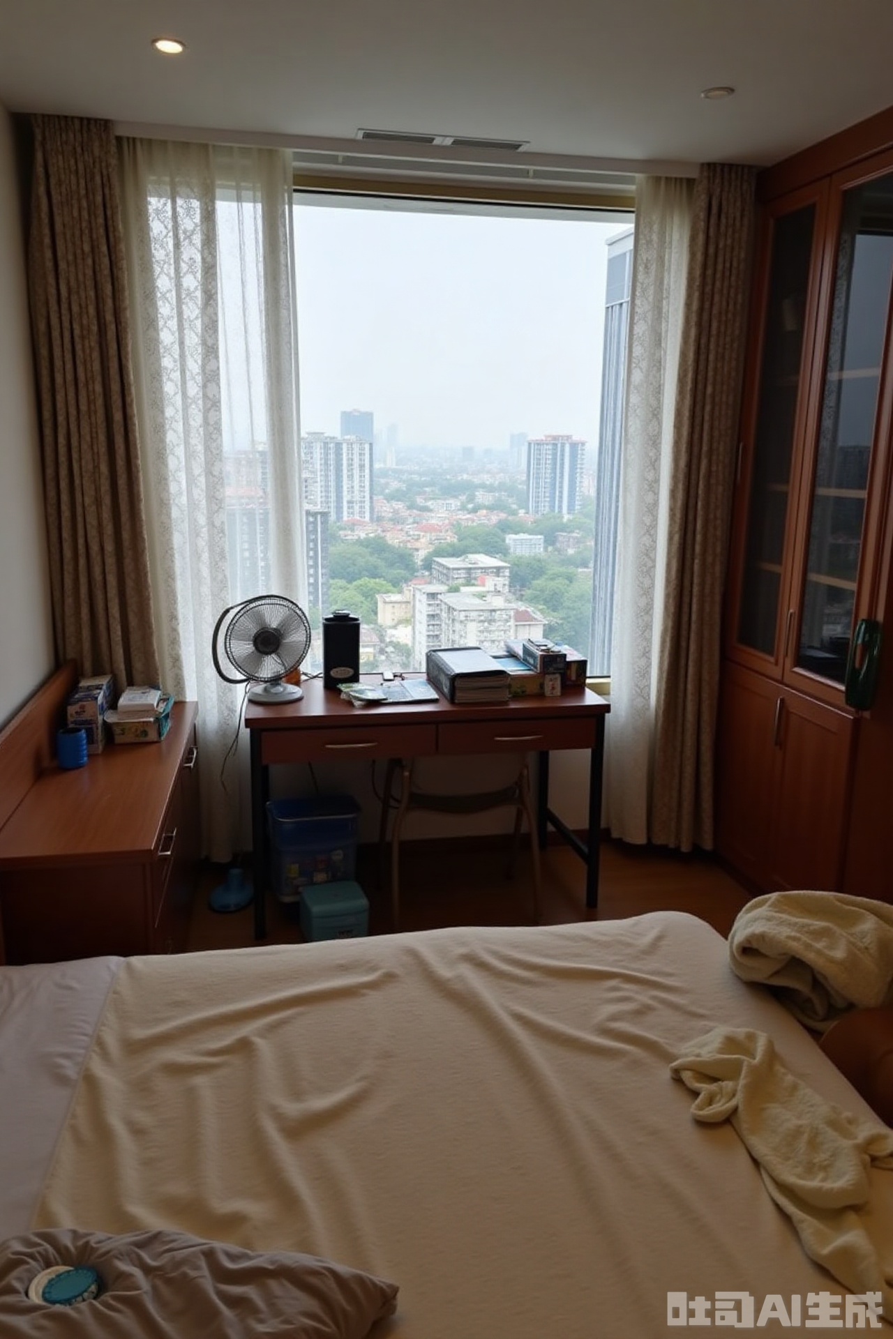 The image shows a bedroom with a bed in the foreground, which has a beige blanket and a bag on it. There is a wooden headboard and a wooden desk with a chair in the background. On the desk, there are some books and a blue container. A fan is placed on the floor near the window, which has curtains with a patterned design. Outside the window, a view of a cityscape with tall buildings is visible. There is also a wooden cabinet with glass doors on the right side of the room. The room appears to be well-lit by natural light coming through the window.Life