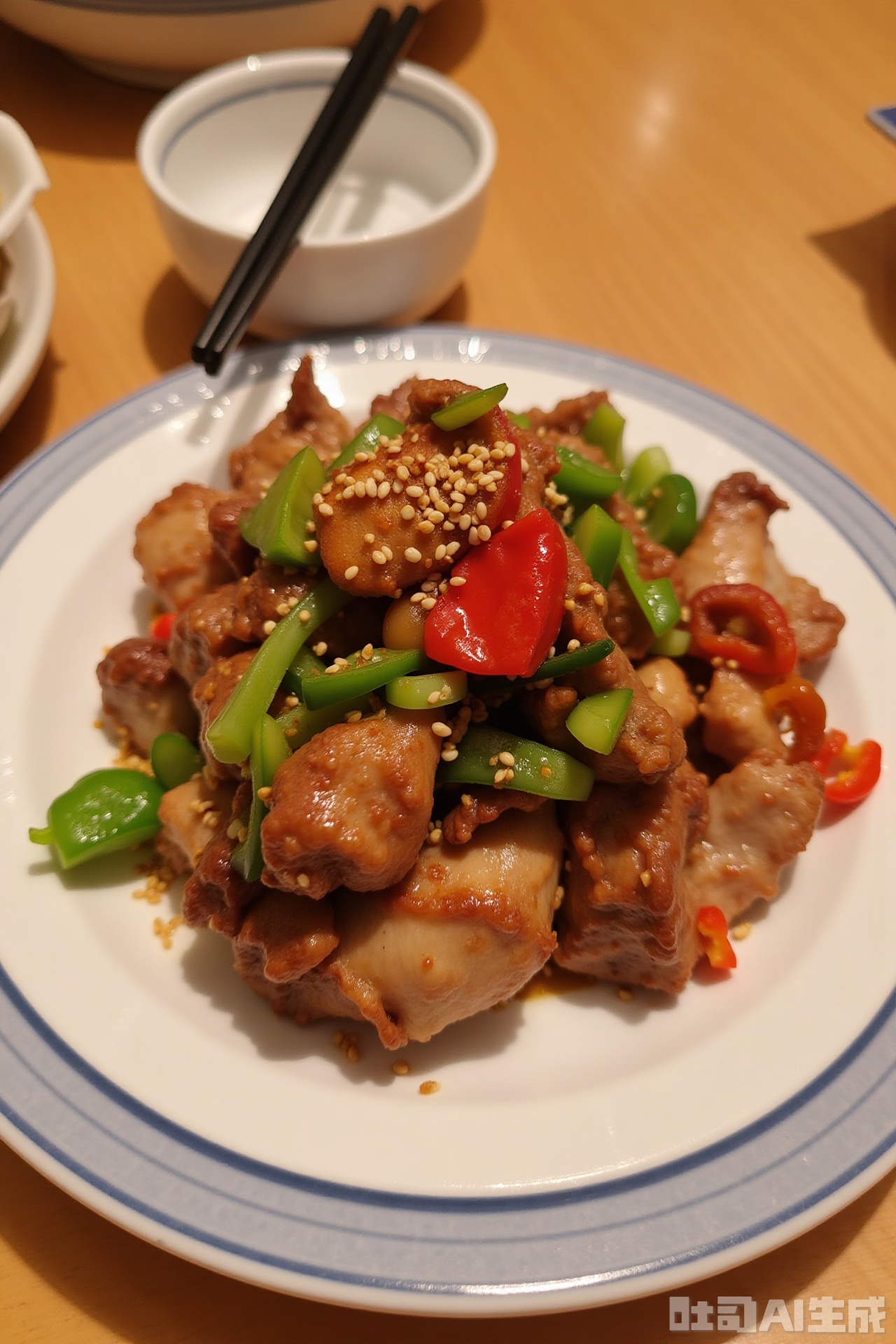 The image shows a plate of food that appears to be a dish of roasted or grilled meat, possibly pork or beef, garnished with chopped vegetables such as green peppers and red chili peppers, as well as some sesame seeds. The meat is arranged in a pile, and the dish is served on a white plate with a blue rim. The background includes a wooden table and a pair of black chopsticks resting on a white bowl. The overall setting suggests a dining environment, possibly a restaurant or a home dining table.