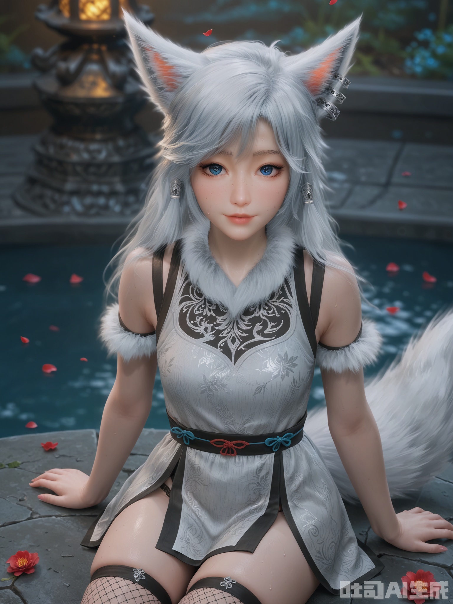 score_9,score_8_up,score_7_up,realistic,photorealistic,1girl,looking_at_viewer,realistic,1girl,Vivid Colors,bright environment,delicate water,hair_ornament,shiny skin,shiny hair,reflection,dress,flower sea,falling petals,extreme detail description,(upper body:0.3),put one hand on your side,long_hair,(skindentation:1.3),Fishnet stockings,bright,sunshine on face,light,sweating,dress,light,sitting_down,glowing,sunshine,bright,reflection,pale_skin,chinese clothes,fox tail,fox ear,