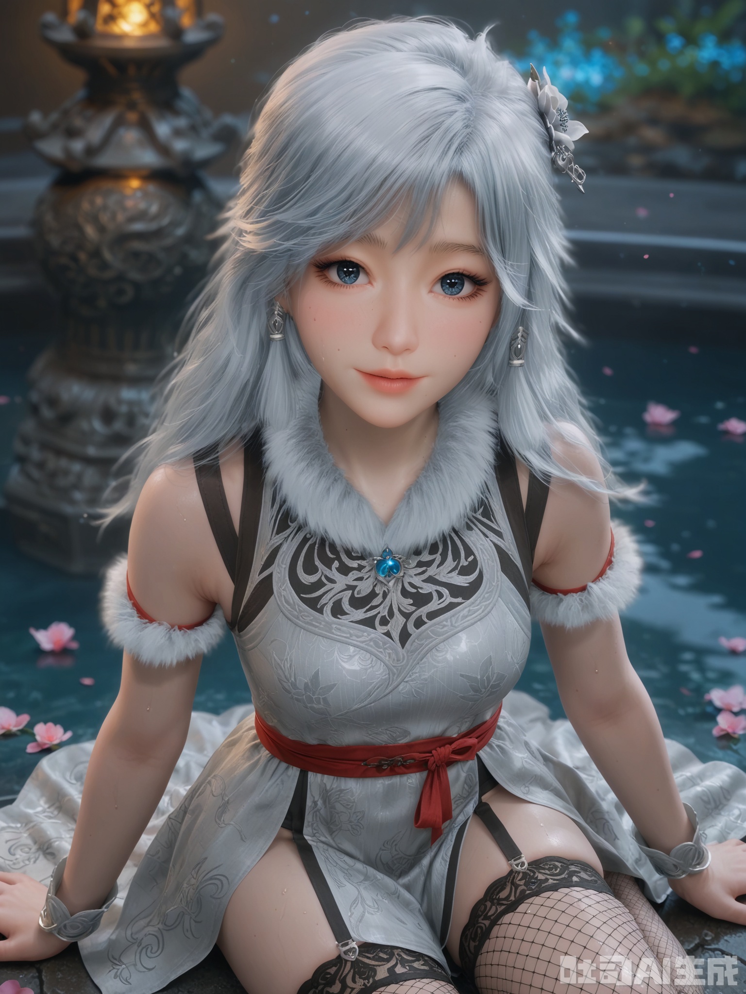 score_9,score_8_up,score_7_up,realistic,photorealistic,1girl,looking_at_viewer,realistic,1girl,Vivid Colors,bright environment,delicate water,hair_ornament,shiny skin,shiny hair,reflection,dress,flower sea,falling petals,extreme detail description,(upper body:0.3),put one hand on your side,long_hair,(skindentation:1.3),Fishnet stockings,bright,sunshine on face,light,sweating,dress,light,sitting_down,glowing,sunshine,bright,reflection,pale_skin,chinese clothes,