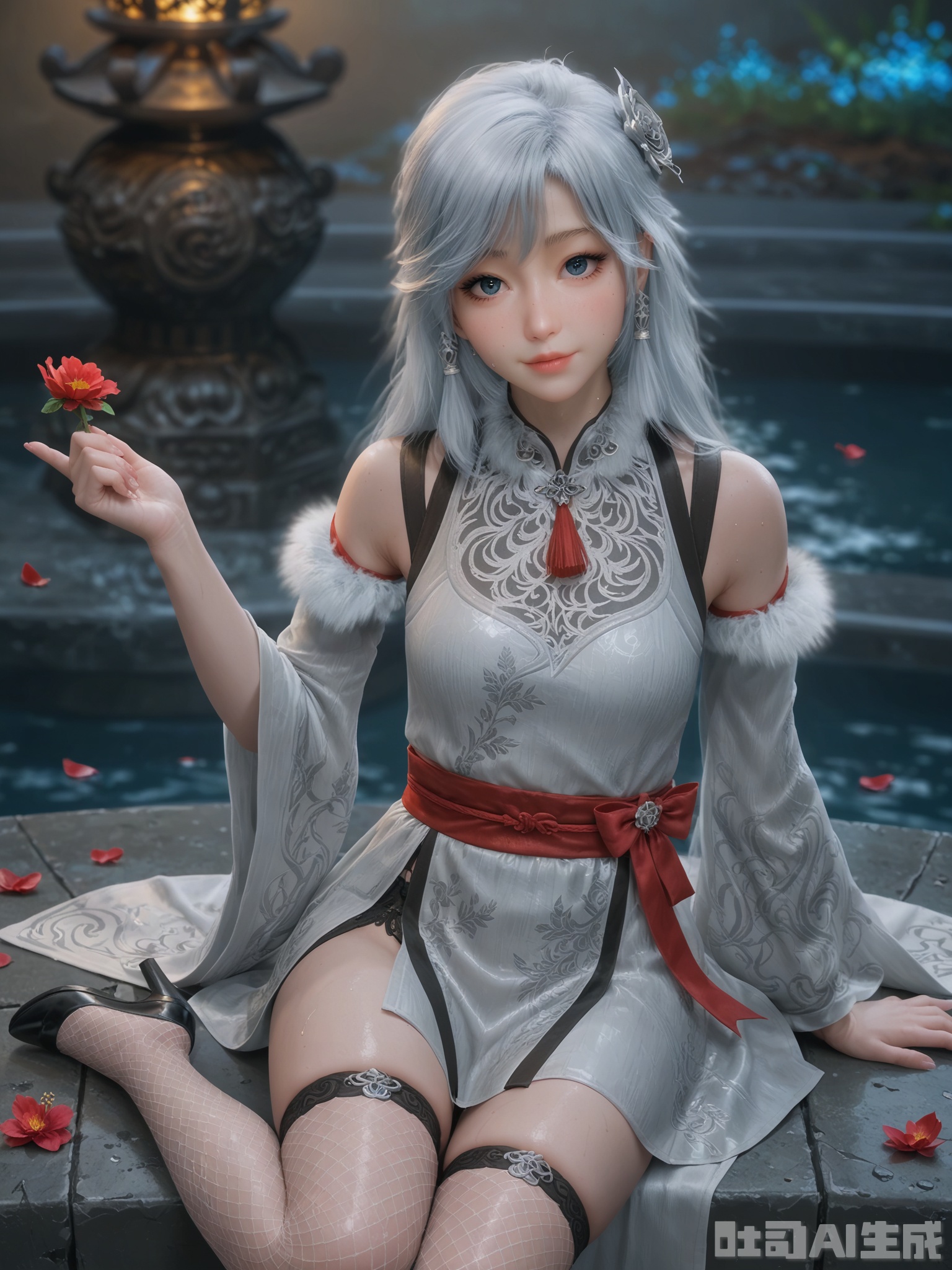 score_9,score_8_up,score_7_up,realistic,photorealistic,1girl,looking_at_viewer,realistic,1girl,Vivid Colors,bright environment,delicate water,hair_ornament,shiny skin,shiny hair,reflection,dress,flower sea,falling petals,extreme detail description,(upper body:0.3),put one hand on your side,long_hair,(skindentation:1.3),Fishnet stockings,bright,sunshine on face,light,sweating,dress,light,sitting_down,glowing,sunshine,bright,reflection,pale_skin,chinese clothes,