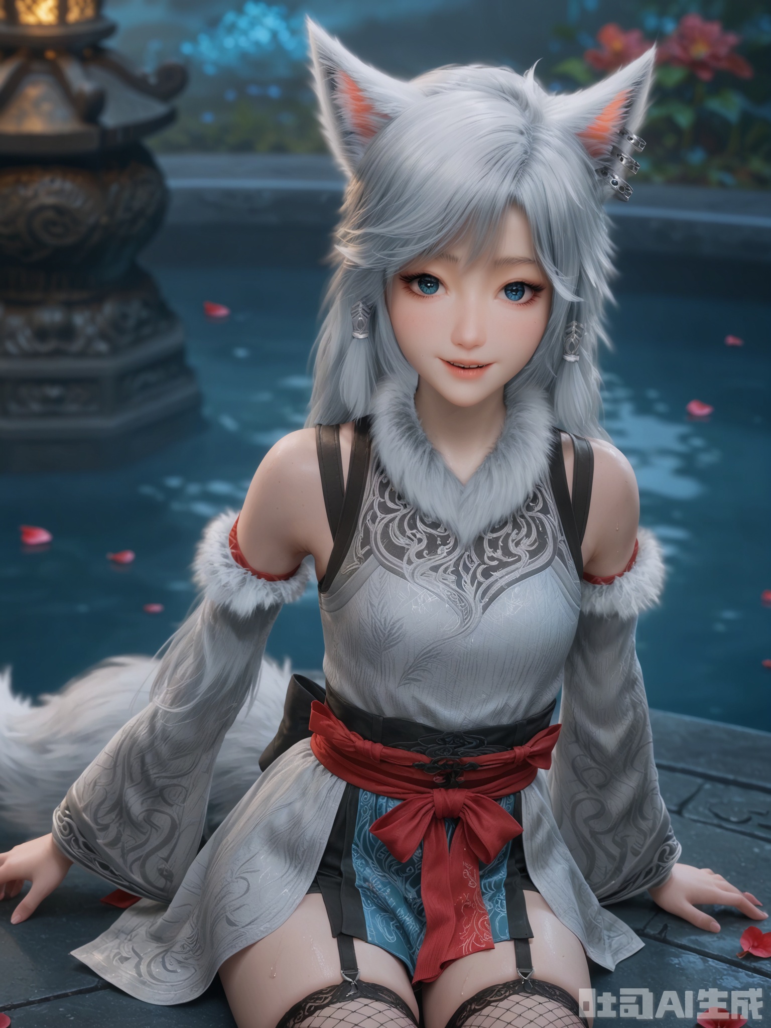 score_9,score_8_up,score_7_up,realistic,photorealistic,1girl,looking_at_viewer,realistic,1girl,Vivid Colors,bright environment,delicate water,hair_ornament,shiny skin,shiny hair,reflection,dress,flower sea,falling petals,extreme detail description,(upper body:0.3),put one hand on your side,long_hair,(skindentation:1.3),Fishnet stockings,bright,sunshine on face,light,sweating,dress,light,sitting_down,glowing,sunshine,bright,reflection,(pale_skin:1.3),chinese clothes,heterochromia,cat ears,wolf ears,detached sleeves,bare shoulders,animal ears,fur trim,wolf tail,inubashiri momiji,skirt,fangs