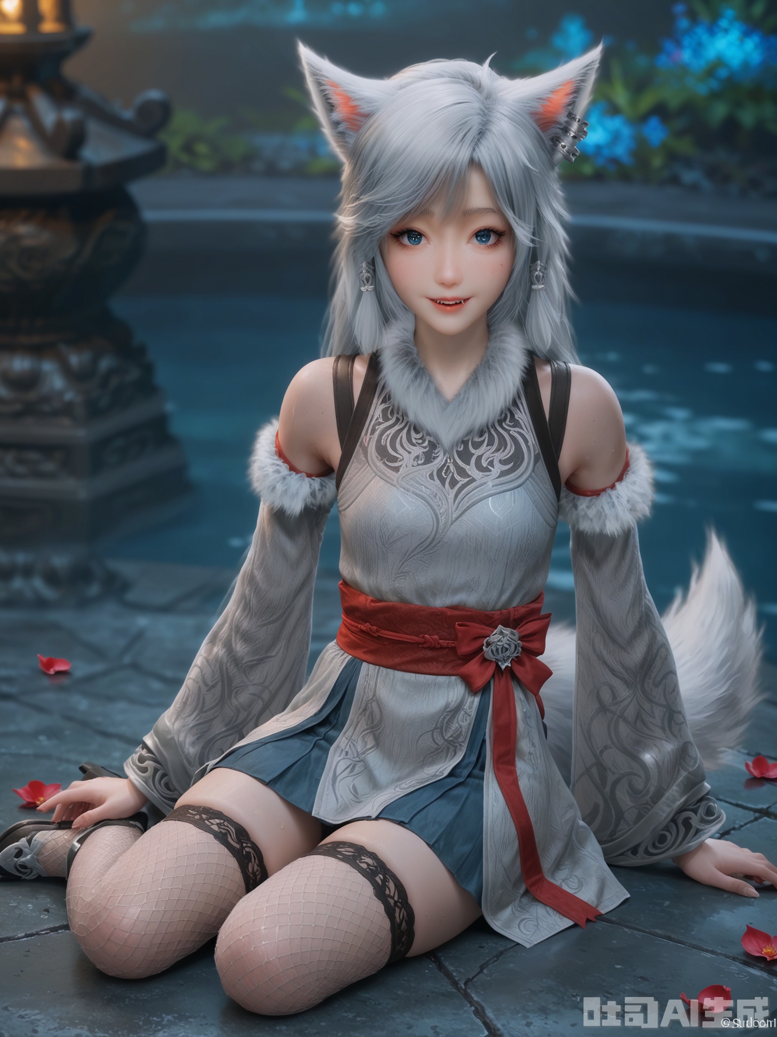 score_9,score_8_up,score_7_up,realistic,photorealistic,1girl,looking_at_viewer,realistic,1girl,Vivid Colors,bright environment,delicate water,hair_ornament,shiny skin,shiny hair,reflection,dress,flower sea,falling petals,extreme detail description,(upper body:0.3),put one hand on your side,long_hair,(skindentation:1.3),Fishnet stockings,bright,sunshine on face,light,sweating,dress,light,sitting_down,glowing,sunshine,bright,reflection,pale_skin,chinese clothes,heterochromia,cat ears,wolf ears,detached sleeves,bare shoulders,animal ears,fur trim,wolf tail,inubashiri momiji,skirt,fangs