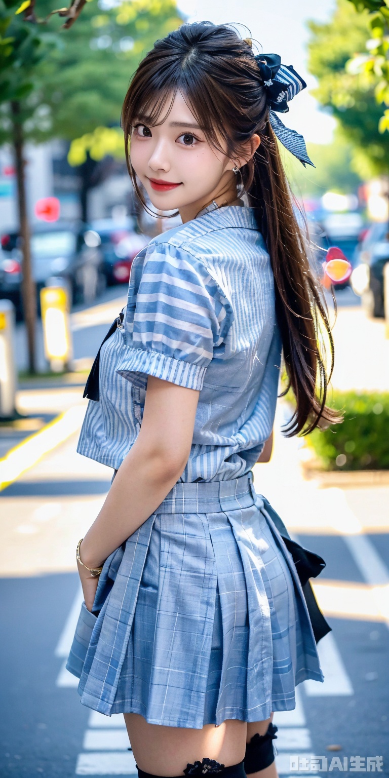 best quality, masterpiece, realistic,cowboy_shot,(Good structure), DSLR Quality,Depth of field,kind smile,looking_at_viewer,Dynamic pose, 
1girl, solo, 
The image shows a young woman standing on a street, The girl is wearing a jk sailor uniform, a white short-sleeved shirt, light blue stripes trimming, a light blue tie, white blue pleated skirt, . She has wearing earrings. The background includes a cityscape with buildings, cars, and a few trees. ,  