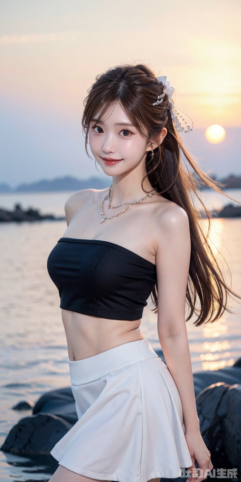 best quality, masterpiece, realistic,cowboy_shot,(Good structure), DSLR Quality,Depth of field,kind smile,looking_at_viewer,Dynamic pose, 
1girl, solo, long hair, , looking at viewer, skirt, hair ornament, bare shoulders, jewelry, , earrings, outdoors, midriff, water, necklace, lips, crop top, leaning forward, ocean, white skirt, strapless vest, sunset, sun,hime