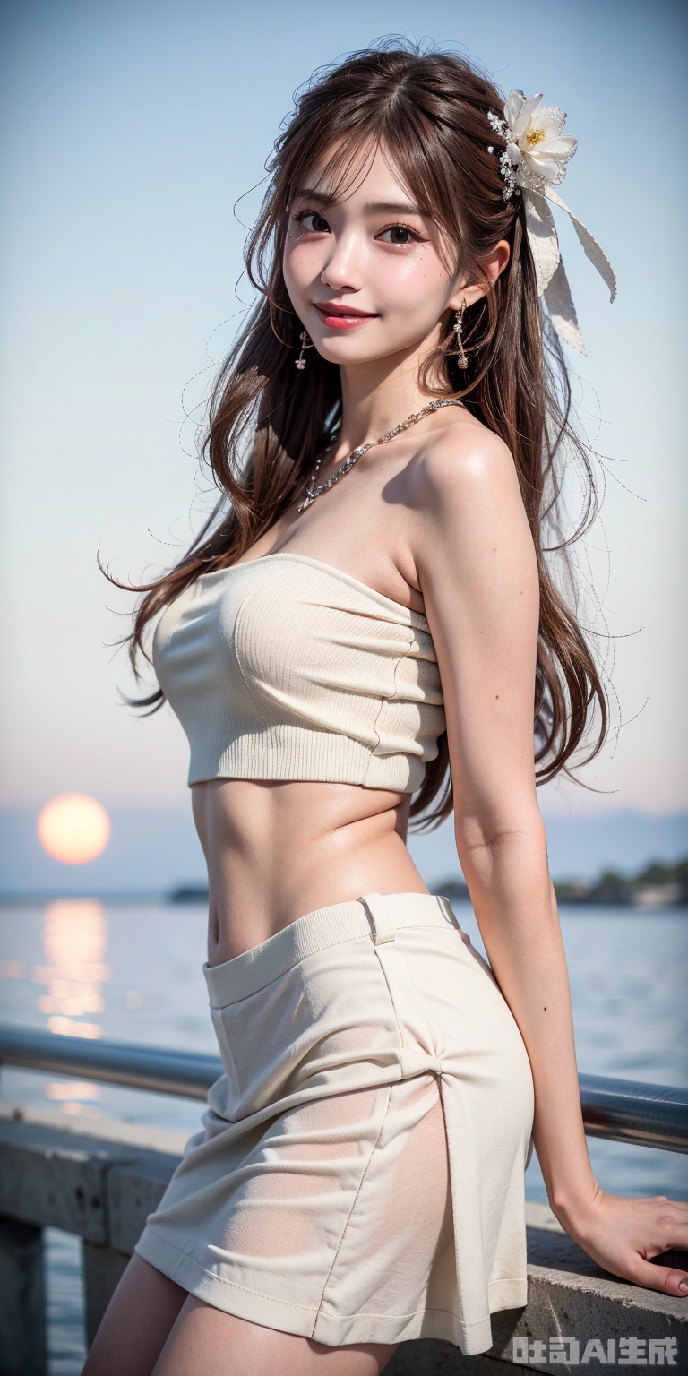 best quality, masterpiece, realistic,cowboy_shot,(Good structure), DSLR Quality,Depth of field,kind smile,looking_at_viewer,Dynamic pose, 
1girl, solo, long hair, , looking at viewer, skirt, hair ornament, bare shoulders, jewelry, , earrings, outdoors, midriff, water, necklace, lips, crop top, leaning forward, ocean, white skirt, strapless vest, sunset, sun,hime