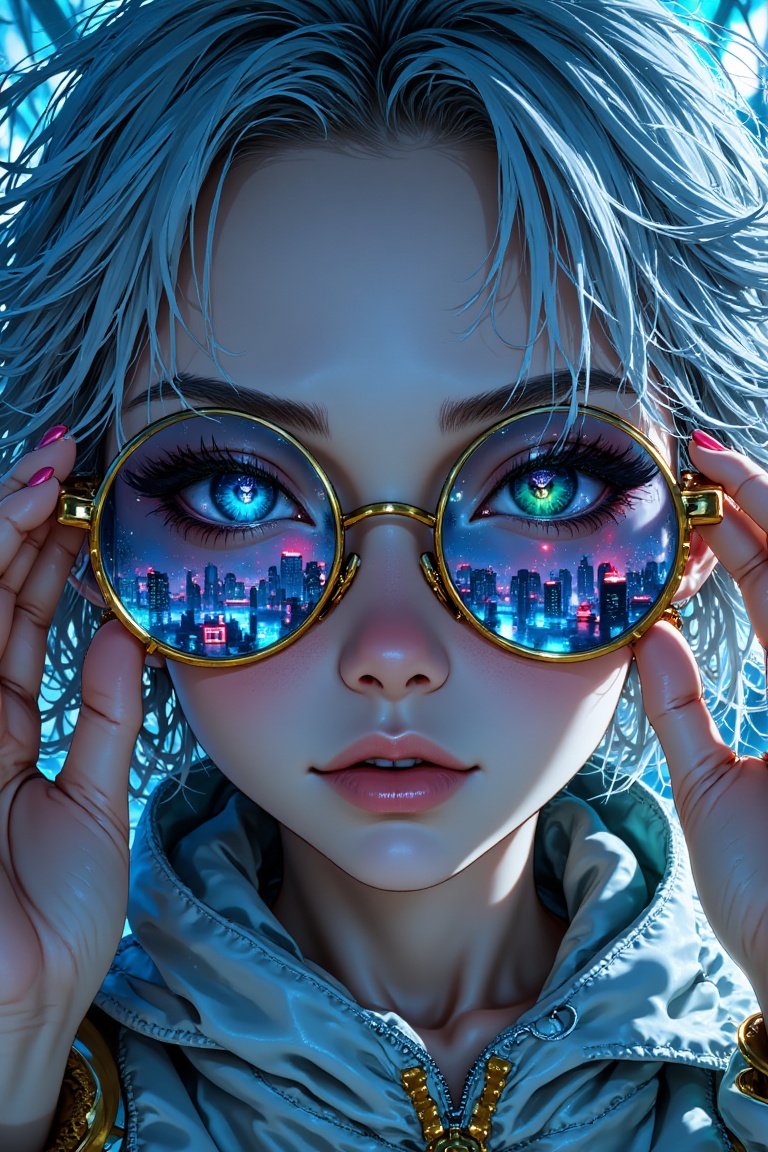 A close-up of a 1girl with silver,  messy hair and heterochromia,  multicolored eyes with vibrant irises and an intense ga...