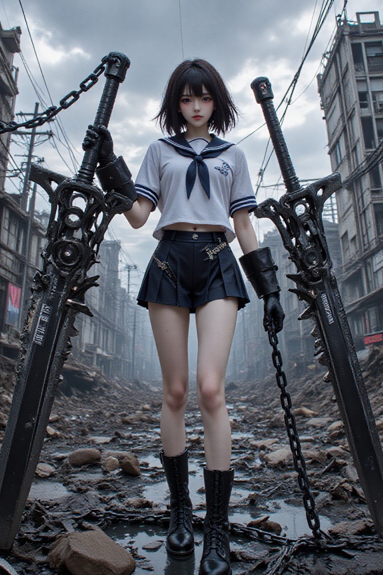 A gritty GOD EATER scene: A petite Japanese girl in a sailor school uniform miniskirt stands strong amidst the ruins of a...