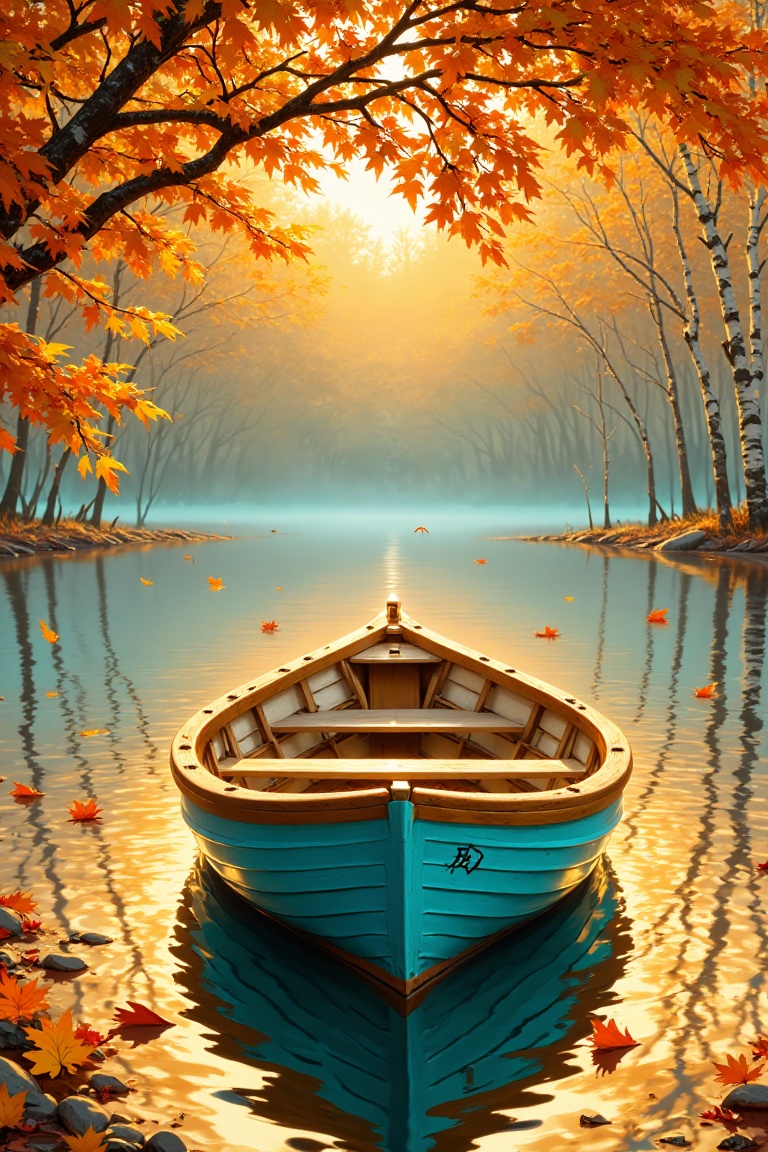 A serene autumn scene with a small empty wooden rowboat,  turquoise-blue hull and light-brown interior,  floating on calm...