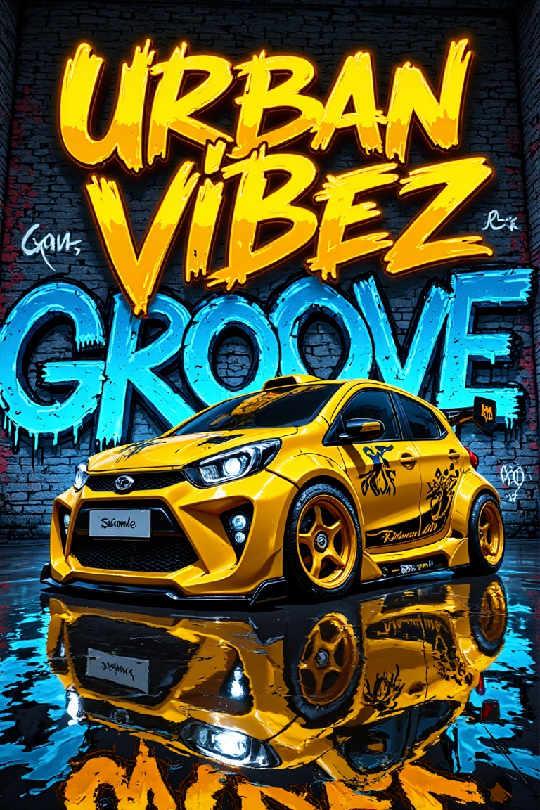 Graffiti-style neon artwork in hot yellow,  electric black,  silver. A hot yellow Perodua car with black futuristic decals...