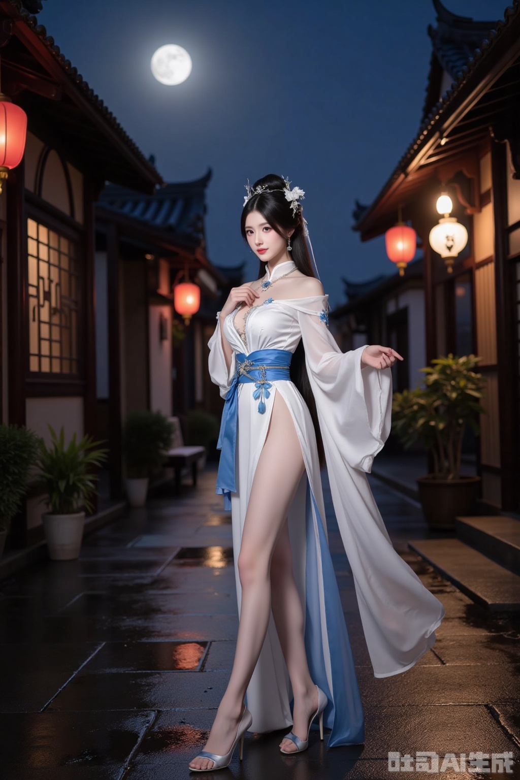 Realistic photo of a young woman with bun, fair skin, big breasts, off-shoulder ancient Hanfu, long legs, high heels, full body, sleeve arrow, night, moon, wet Chinese ancient streets