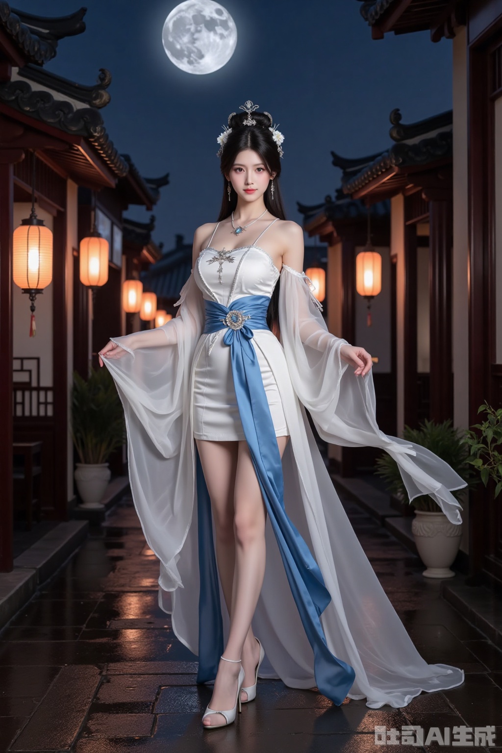 Realistic photo of a young woman with bun, fair skin, big breasts, off-shoulder ancient Hanfu, long legs, high heels, full body, sleeve arrow, night, moon, wet Chinese ancient streets