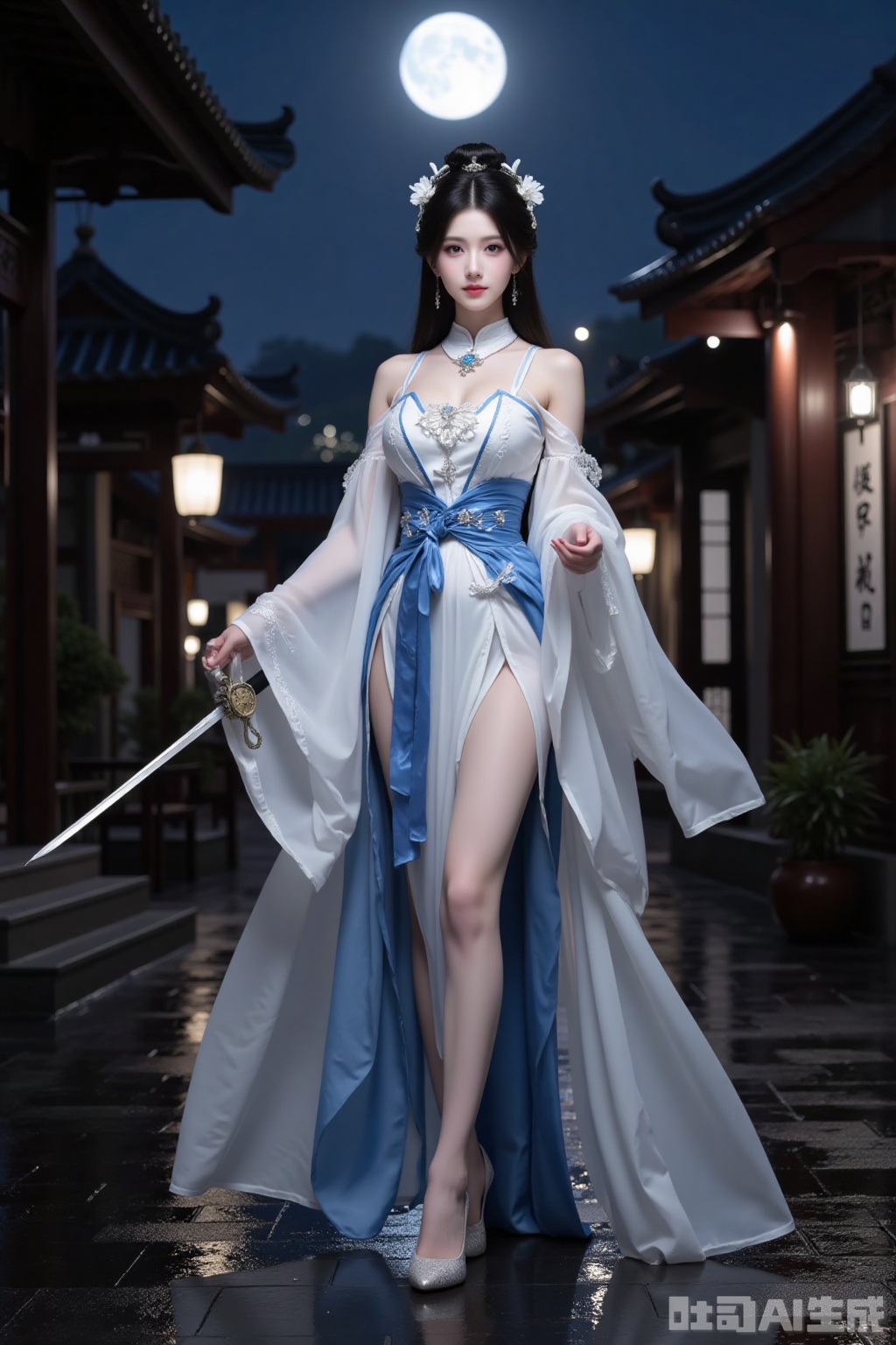 Realistic photo of a young woman with bun, fair skin, big breasts, off-shoulder ancient Hanfu, long legs, high heels, full body, holding a sword, night, moon, wet Chinese ancient streets