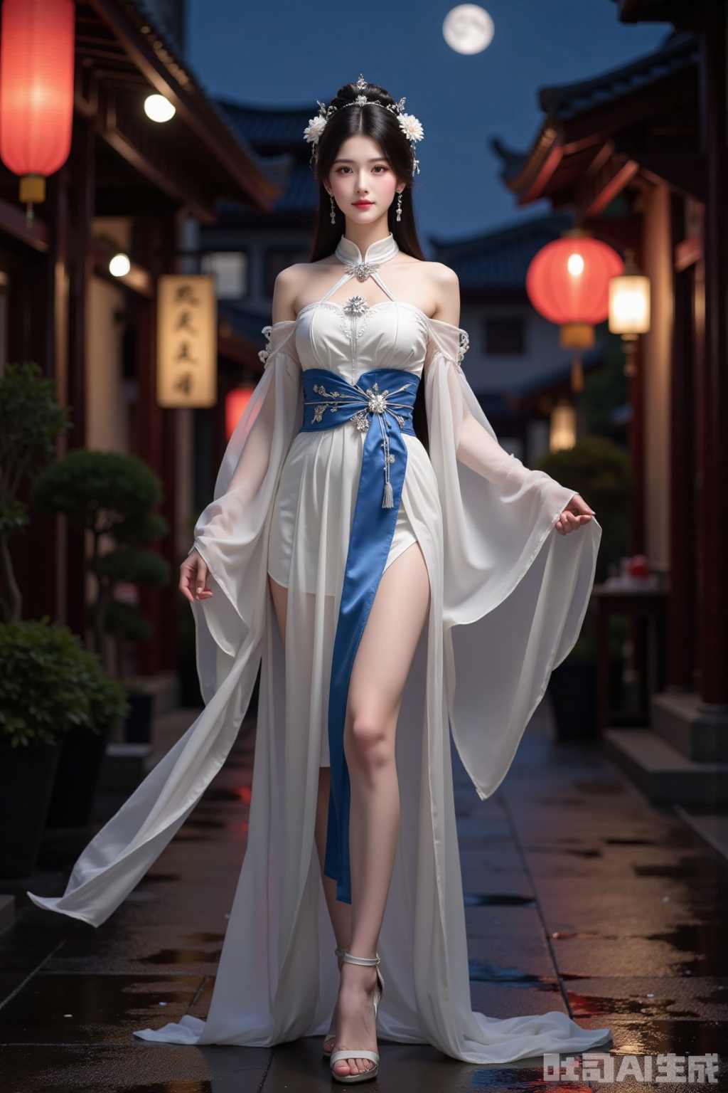 Realistic photo of a young woman with bun, fair skin, big breasts, off-shoulder ancient Hanfu, long legs, high heels, full body, sleeve arrow, night, moon, wet Chinese ancient streets