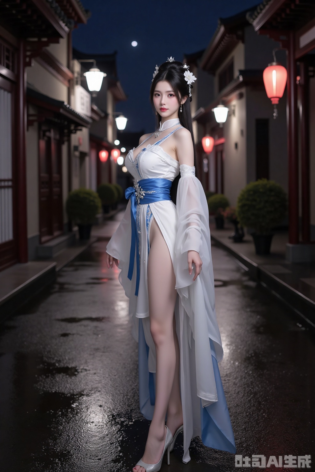 Realistic photo of a young woman with bun, fair skin, big breasts, off-shoulder ancient Hanfu, long legs, high heels, full body, sleeve arrow, night, moon, wet Chinese ancient streets