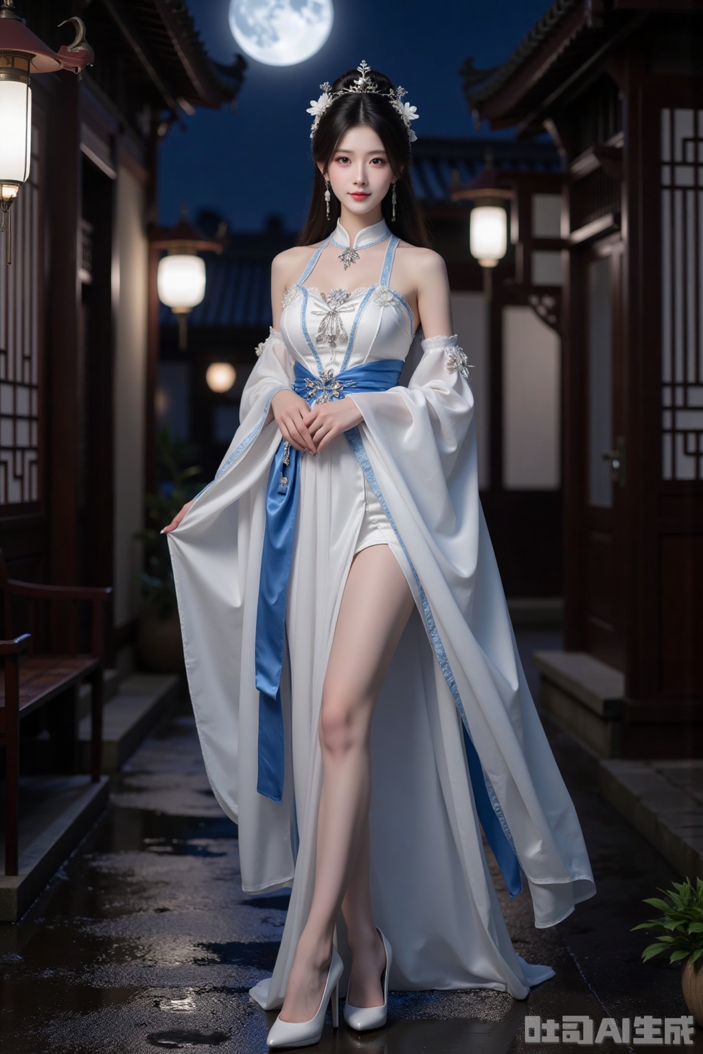 Realistic photo of a young woman with bun, fair skin, big breasts, off-shoulder ancient Hanfu, long legs, high heels, full body, sleeve arrow, night, moon, wet Chinese ancient streets
