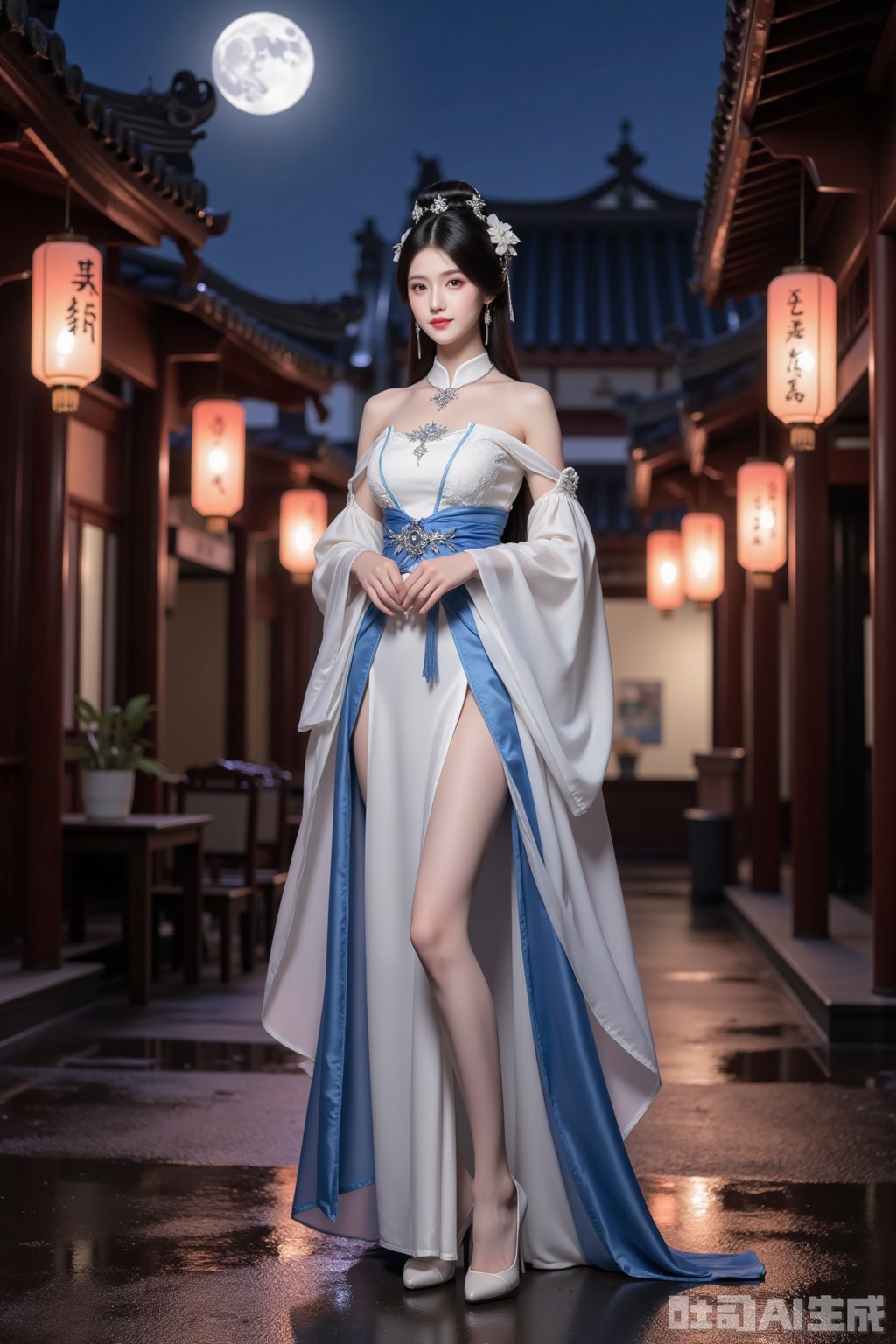 Realistic photo of a young woman with bun, fair skin, big breasts, off-shoulder ancient Hanfu, long legs, high heels, full body, sleeve arrow, night, moon, wet Chinese ancient streets