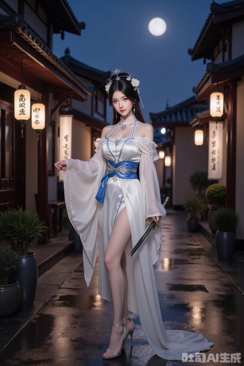Realistic photo of a young woman with bun, fair skin, big breasts, off-shoulder ancient Hanfu, long legs, high heels, full body, holding a sword, night, moon, wet Chinese ancient streets