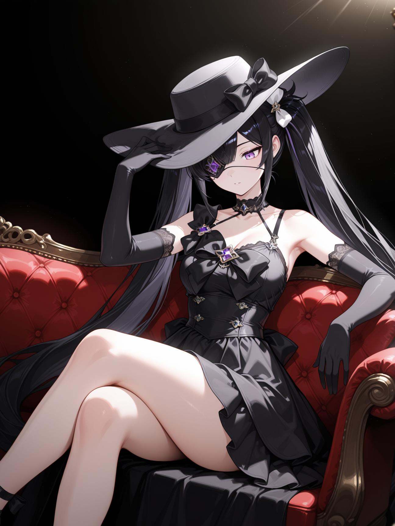 solo,1girl,folded ponytail,hat over eyes,wide brim hat,black hat,floppy hat,black ribbon bow,elegant dress,black dress,single strap clothing,black gloves,elbow gloves,elegant pose,tilted head,looking down,graceful pose,high class fashion,sitting on couch,victorian furniture,hand on hat,crossed legs,dynamic angle,dark background,high contrast,spotlight effect,cinematic lighting,masterpiece,best quality,good quality,very awa,newest,highres,absurdres,<lora:蕾拉:1>,leila,black hair,very long hair,purple eyes,twintails,eyepatch,