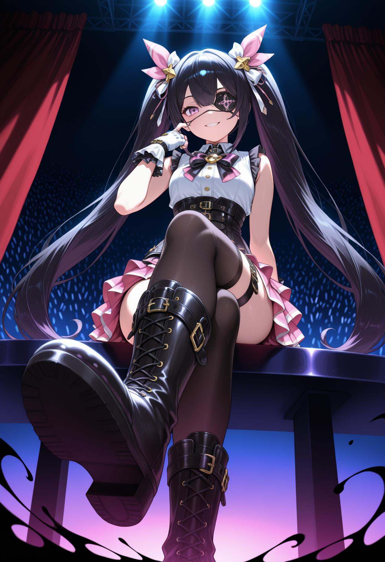 masterpiece,best quality,ultra-detailed,very aesthetic,sharp focus,vibrant colors,ray tracing,best lighting,detailed illustration,detailed background,cinematic,general,sensitive,explicit,neon,light,vibrant colors,glow,score_9,score_8_up,score_7_up,source_anime,looking_down,from_below,sit on the edge of the stage,stage,concert,sound,voicevox,red curtain,soft shadows,soft natural lighting,dramatic lighting,(rich tones:0.9),low angle,(gradient:1.1),looking_at_viewer,smile,(darkness:1.5),(foot focus:1.1),front view,crossed_legs,<lora:蕾拉:1>,leila,black hair,very long hair,purple eyes,twintails,black belt boots,belt,one black thighhighs,bowtie,corset,cross-laced footwear,white gloves,fingerless gloves,hair ornament,hair ribbon,jewelry,pink skirt,ribbon,sleeveless skirt,thigh strap,eyepatch,