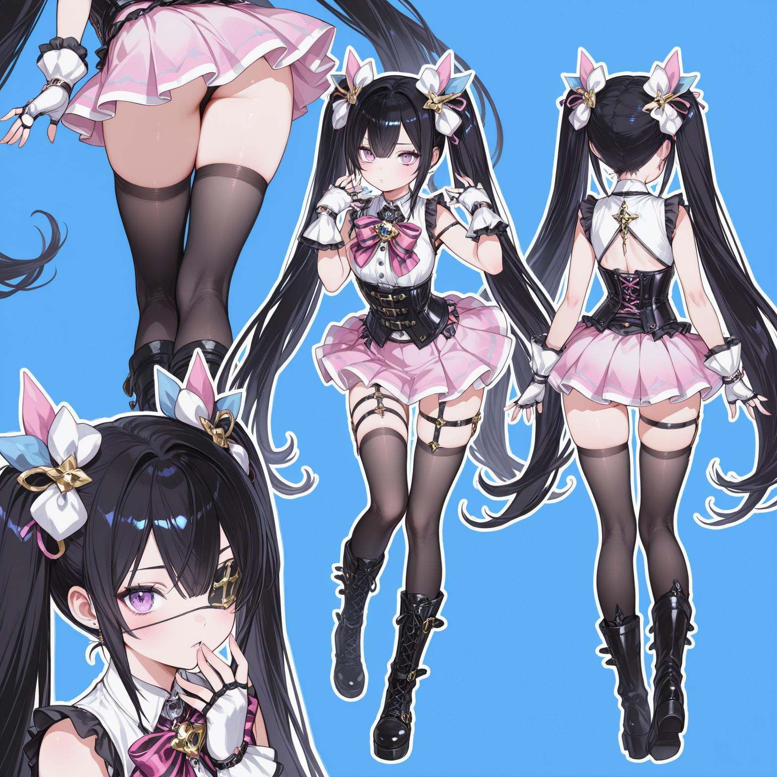 best quality,masterpiece,good quality,blue  background,white outline,pastel colors,1girl,two perspectives,(multiple perspectives:1.1),(from behind:1.1),(from_side:1.1),(front view:1.1),standing,<lora:蕾拉:1>,leila,black hair,very long hair,purple eyes,twintails,black belt boots,belt,one black thighhighs,bowtie,corset,cross-laced footwear,white gloves,fingerless gloves,hair ornament,hair ribbon,jewelry,pink skirt,ribbon,sleeveless skirt,thigh strap,eyepatch,