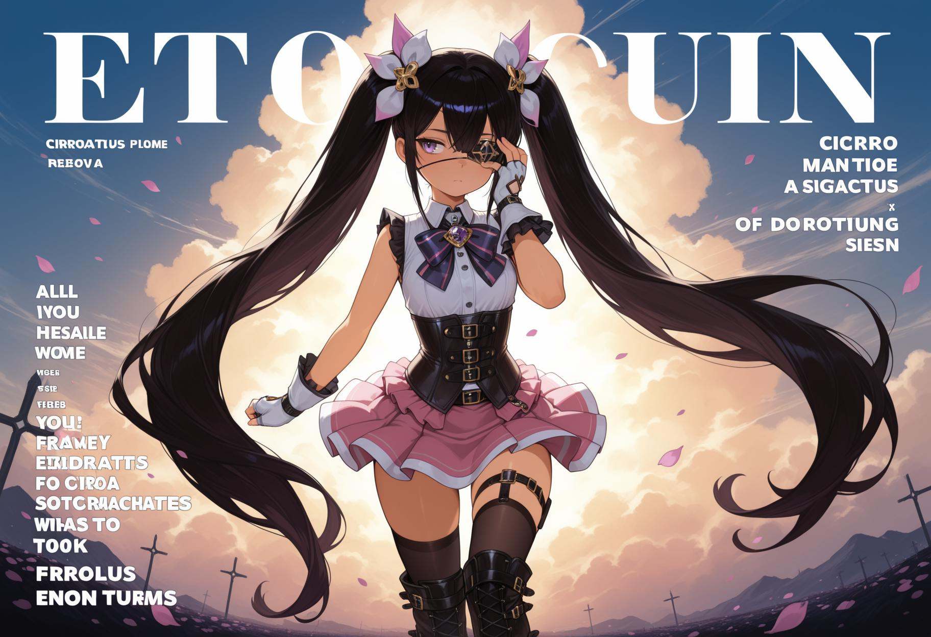 solo,(front view:1.3),looking_away,Cirrocumulus,Cirrostratus,sky,wind,petals,magazine cover,backlighting,text,masterpiece,best quality,amazing quality,very awa,absurdres,newest,very aesthetic,anime coloring,<lora:蕾拉:1>,leila,black hair,very long hair,purple eyes,twintails,black belt boots,belt,one black thighhighs,bowtie,corset,cross-laced footwear,white gloves,fingerless gloves,hair ornament,hair ribbon,jewelry,pink skirt,ribbon,sleeveless skirt,thigh strap,eyepatch,
