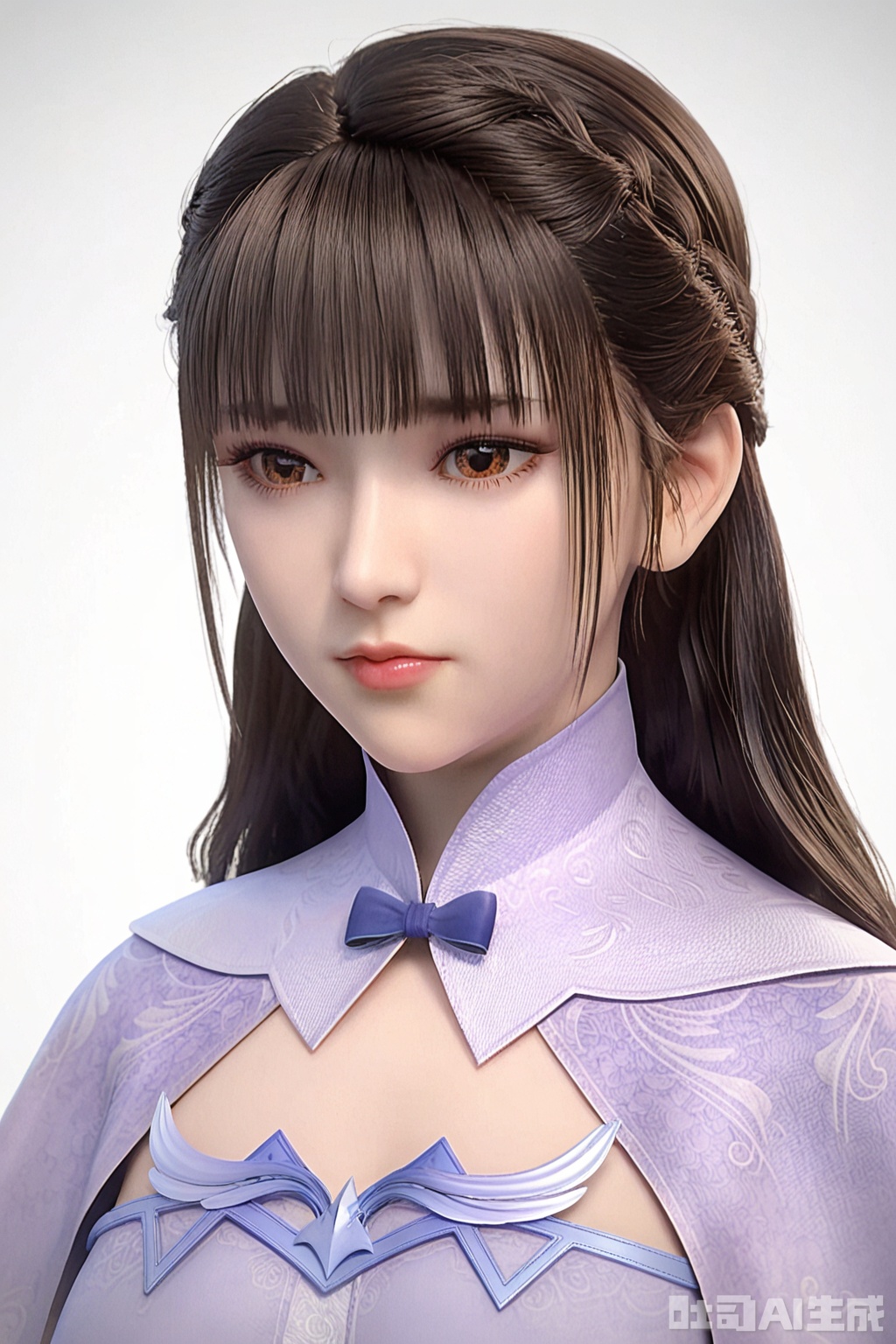 score_9_up,1girl, solo, long hair, bangs, simple background, brown hair, black hair, white background, dress, bow, brown eyes, closed mouth, upper body, braid, blunt bangs, lips, portrait, realistic,ZCN