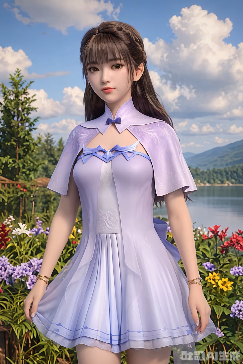 score_9_up,1girl, solo, long hair, breasts, bangs, brown hair, dress, brown eyes, jewelry, white dress, bracelet, realistic, jewelry,outdoor, sky, cloud,flowers,lake, purple dress, blue sky,looking_at_viewer,,ZCN