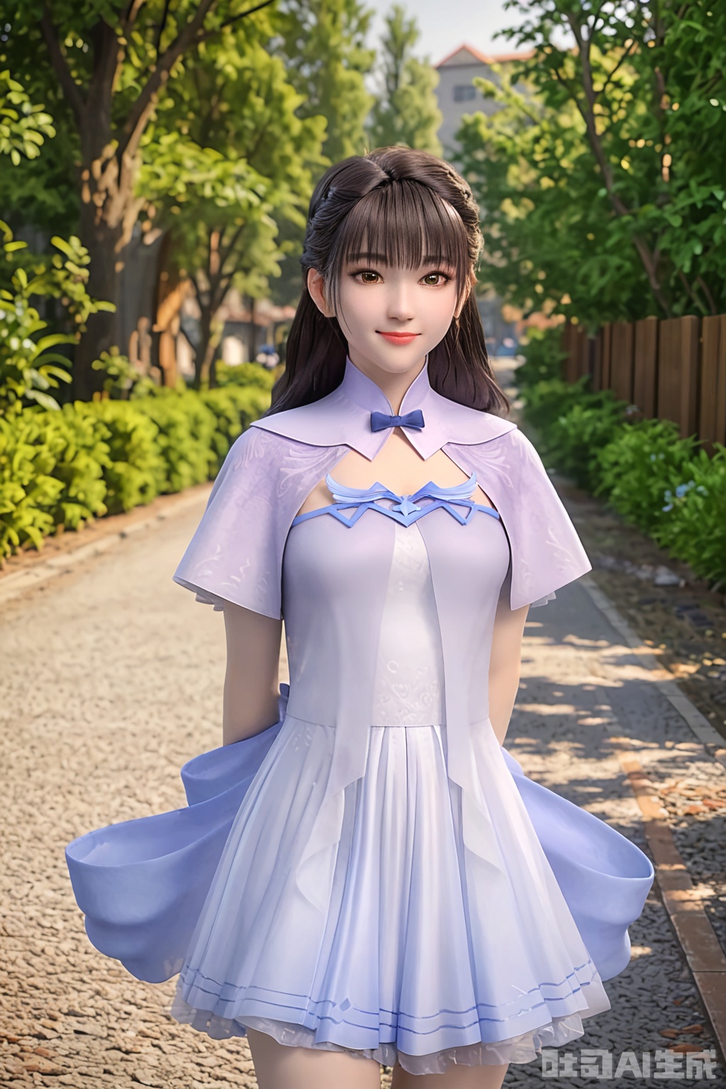 score_9_up,1girl, solo, long hair, looking at viewer, smile, bangs, brown hair, black hair, dress, bow, brown eyes, outdoors, white dress, arms behind back, photo background,ZCN