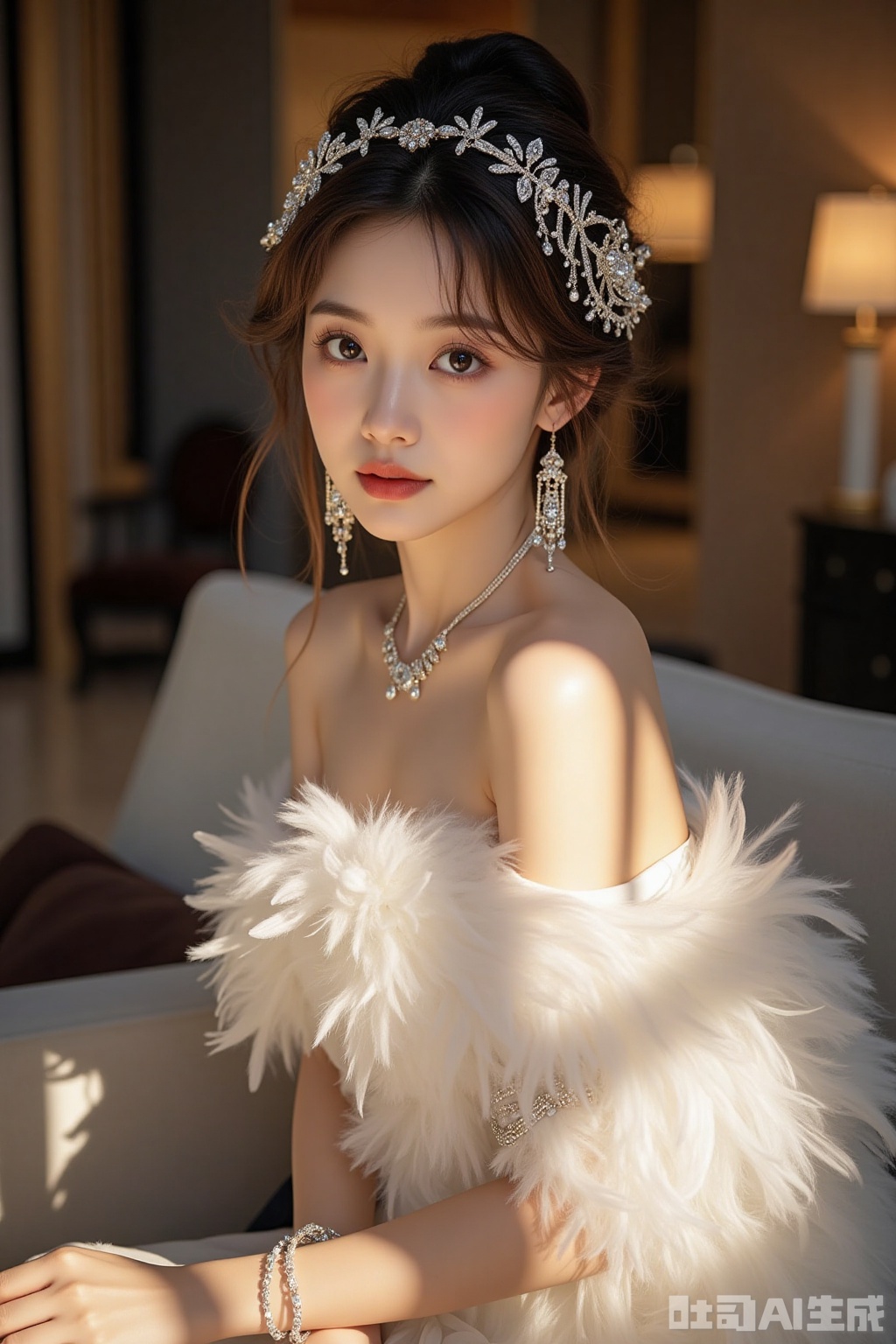 Realistic photos, a young woman, fashionable hairstyle, fair skin, big breasts, jewelry headwear, earrings, off-shoulder feather dress, upper body, luxury living room, excellent light and shadow,