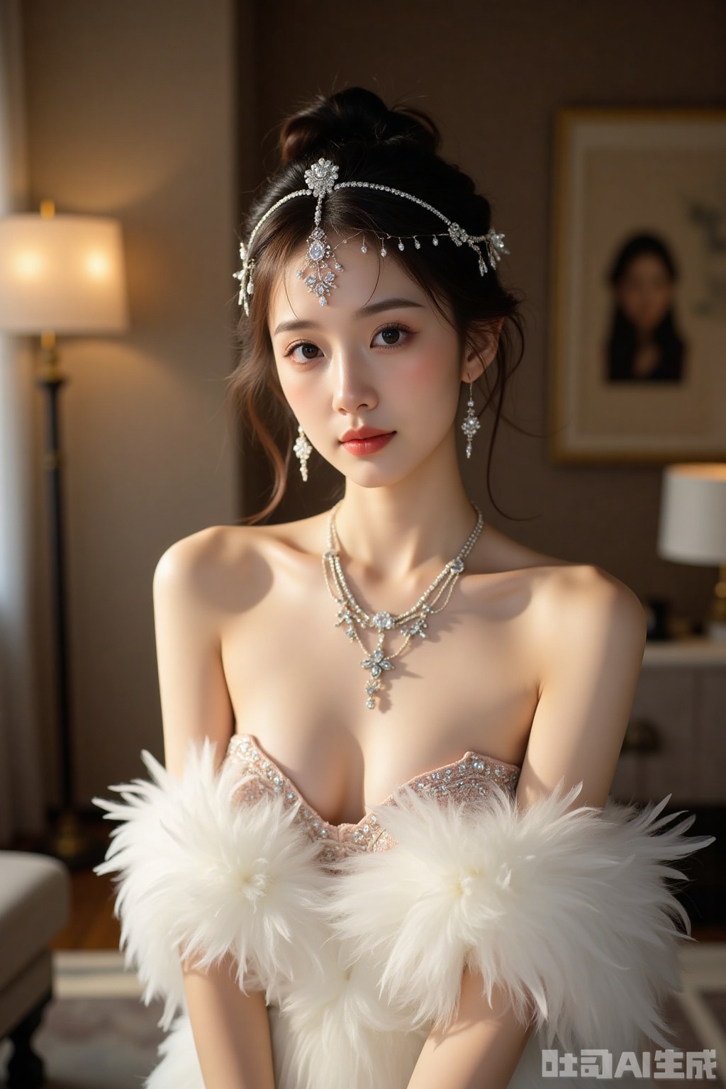 Realistic photos, a young woman, fashionable hairstyle, fair skin, big breasts, jewelry headwear, earrings, off-shoulder feather dress, upper body, luxury living room, excellent light and shadow,