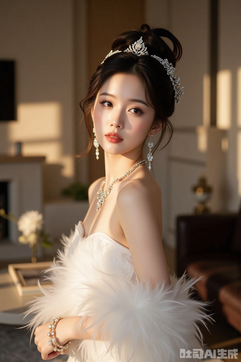 Realistic photos, a young woman, fashionable hairstyle, fair skin, big breasts, jewelry headwear, earrings, off-shoulder feather dress, upper body, luxury living room, excellent light and shadow,
