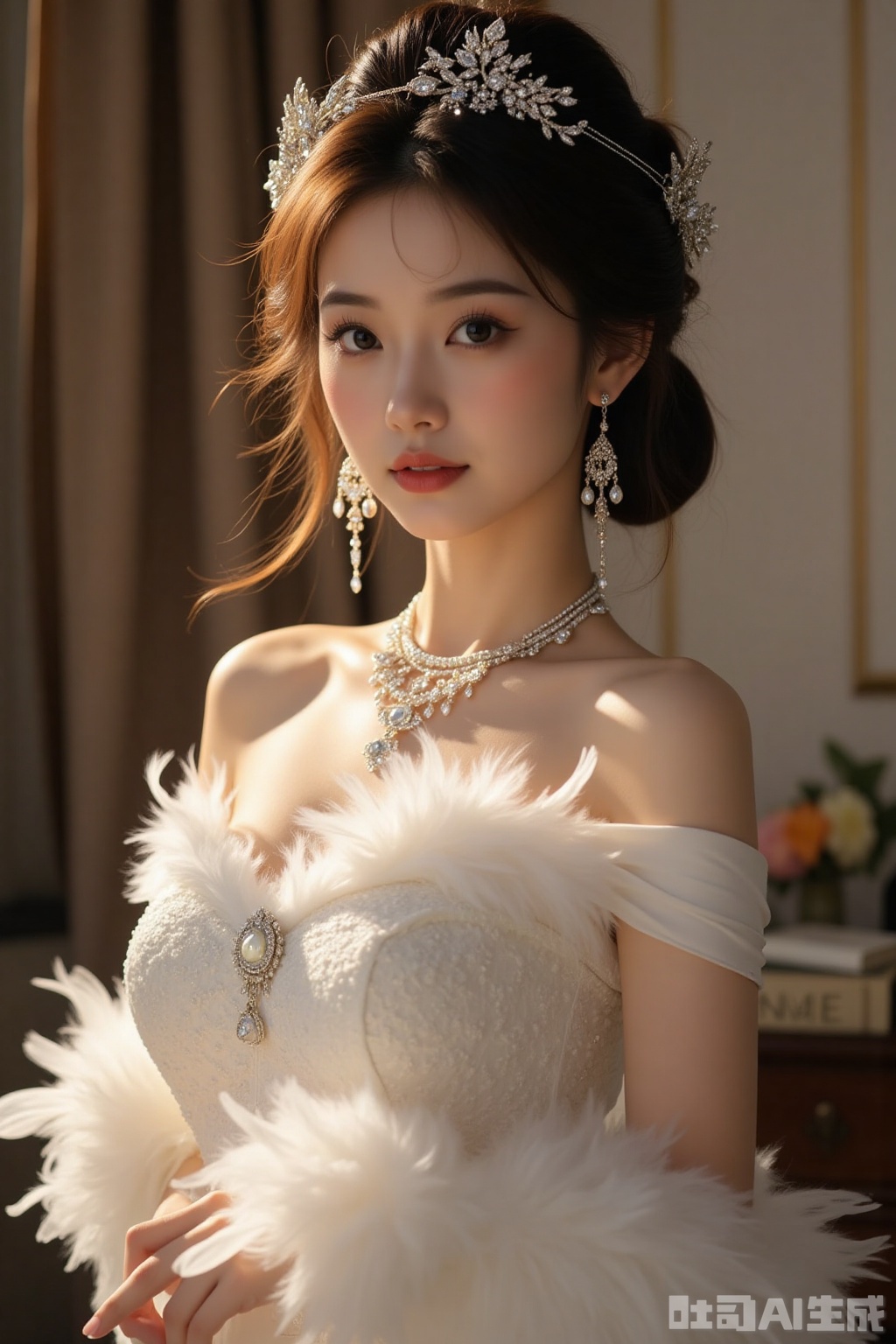 Realistic photos, a young woman, fashionable hairstyle, fair skin, big breasts, jewelry headwear, earrings, off-shoulder feather dress, upper body, luxury living room, excellent light and shadow,