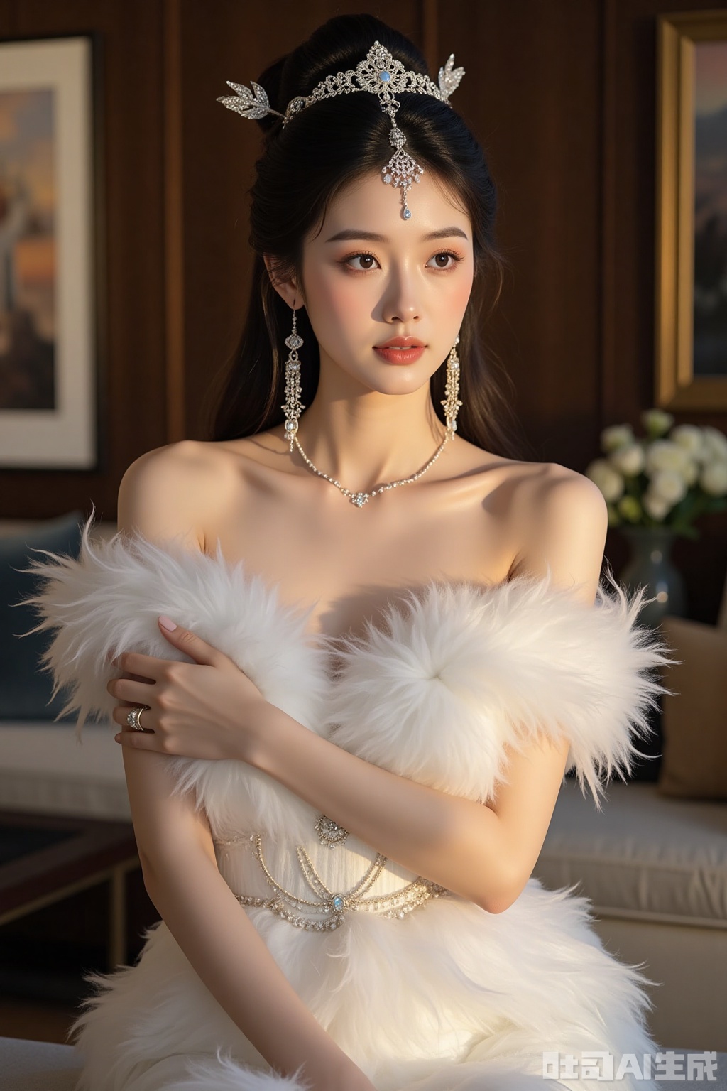 Realistic photos, a young woman, fashionable hairstyle, fair skin, big breasts, jewelry headwear, earrings, off-shoulder feather dress, upper body, luxury living room, excellent light and shadow,
