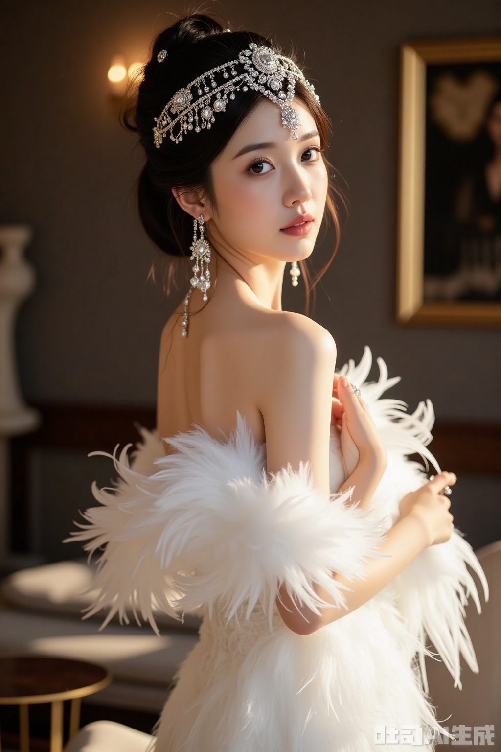 Realistic photos, a young woman, fashionable hairstyle, fair skin, big breasts, jewelry headwear, earrings, off-shoulder feather dress, upper body, luxury living room, excellent light and shadow,