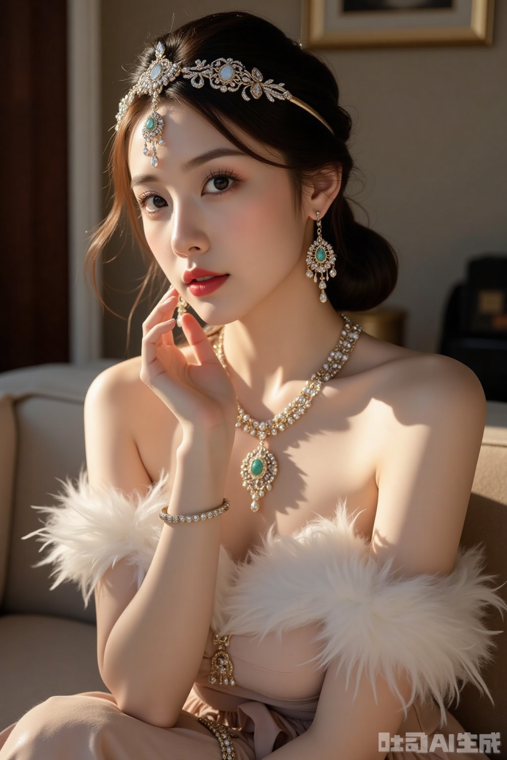 Realistic photos, a young woman, fashionable hairstyle, fair skin, big breasts, jewelry headwear, earrings, off-shoulder feather dress, upper body, luxury living room, excellent light and shadow,