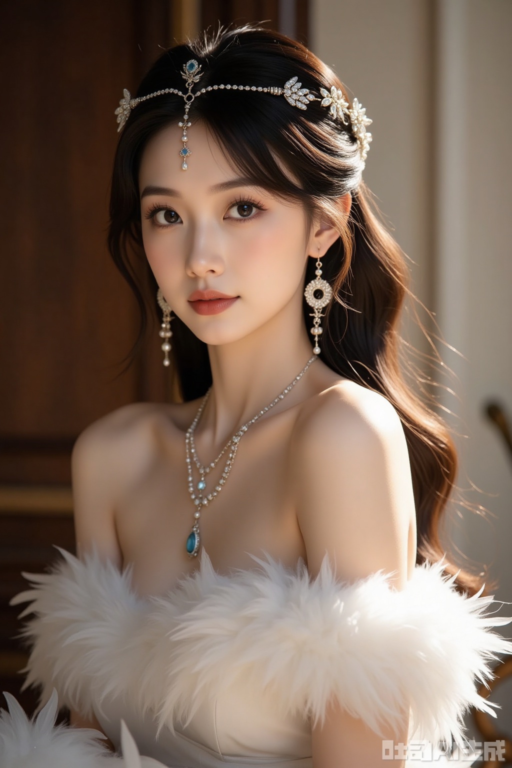 Realistic photos, a young woman, fashionable hairstyle, fair skin, big breasts, jewelry headwear, earrings, off-shoulder feather dress, upper body, luxury living room, excellent light and shadow,
