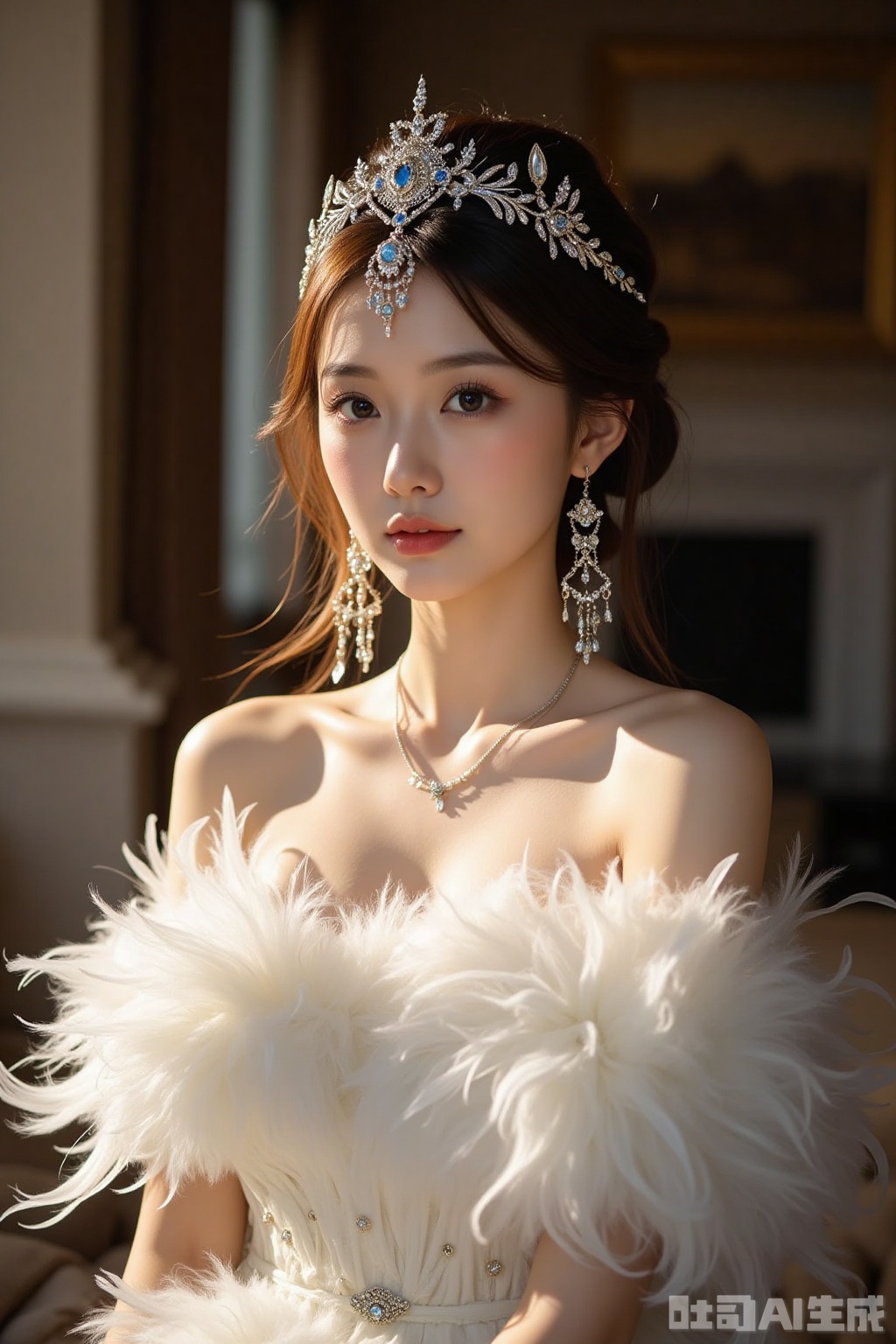 Realistic photos, a young woman, fashionable hairstyle, fair skin, big breasts, jewelry headwear, earrings, off-shoulder feather dress, upper body, luxury living room, excellent light and shadow,