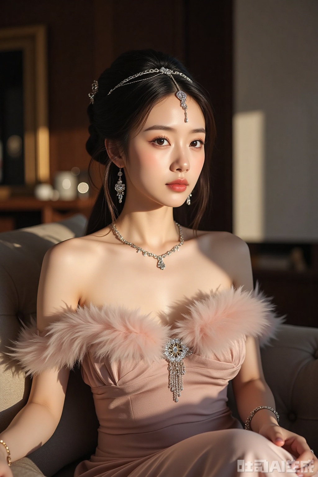 Realistic photos, a young woman, fashionable hairstyle, fair skin, big breasts, jewelry headwear, earrings, off-shoulder feather dress, upper body, luxury living room, excellent light and shadow,