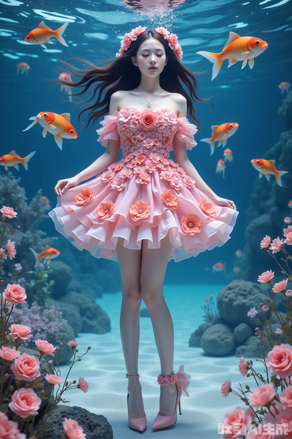 Realistic photo of a young woman with long hair, eyes closed, fair skin, big breasts, off-shoulder pink dress made up of flowers, long legs, pink flowers high heels, full body, underwater, goldfish,