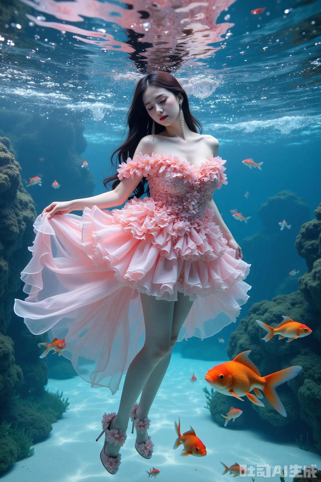 Realistic photo of a young woman with long hair, eyes closed, fair skin, big breasts, off-shoulder pink dress made up of flowers, long legs, pink flowers high heels, full body, underwater, goldfish,