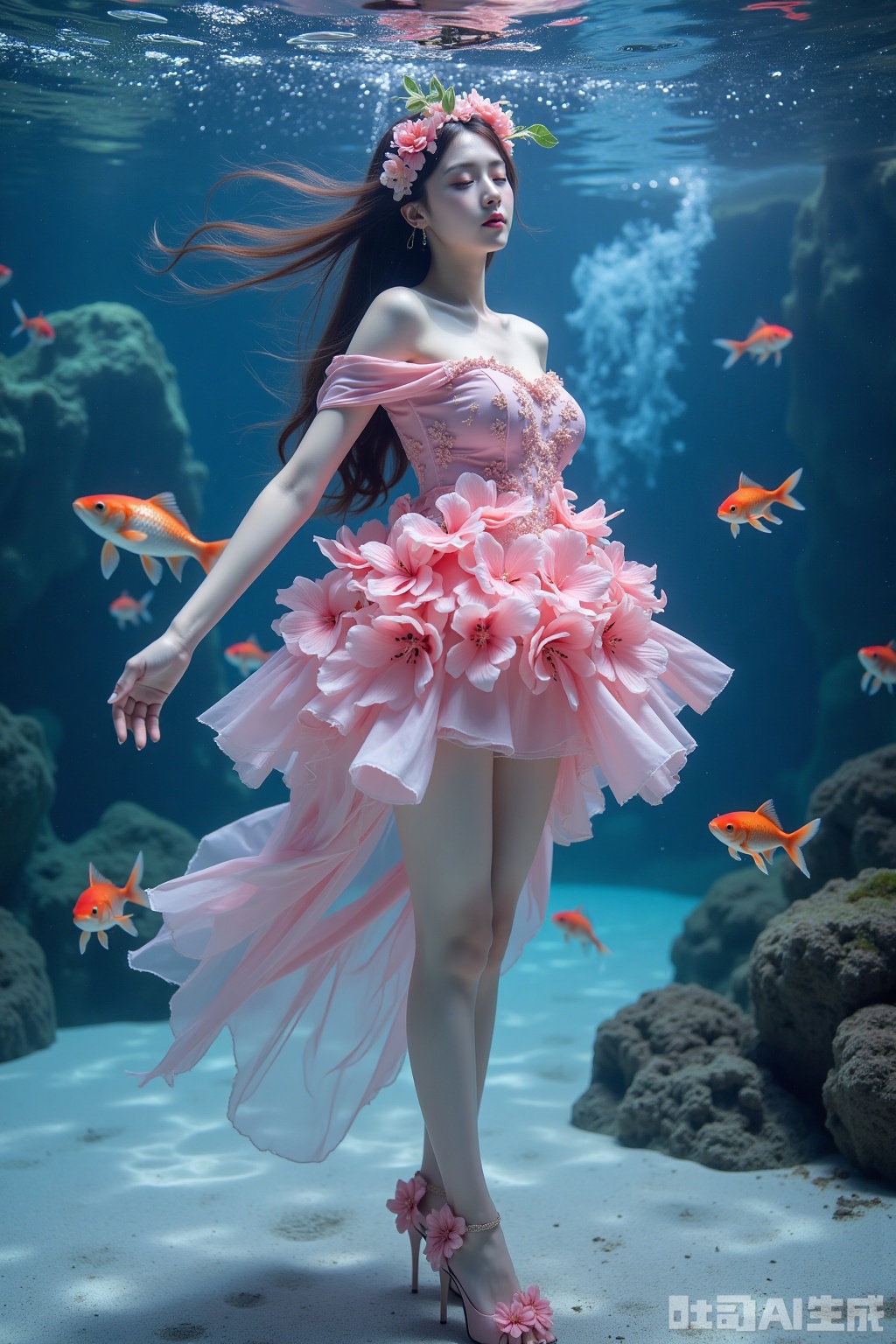 Realistic photo of a young woman with long hair, eyes closed, fair skin, big breasts, off-shoulder pink dress made up of flowers, long legs, pink flowers high heels, full body, underwater, goldfish,