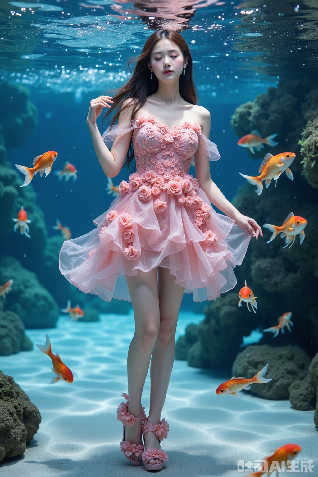Realistic photo of a young woman with long hair, eyes closed, fair skin, big breasts, off-shoulder pink dress made up of flowers, long legs, pink flowers high heels, full body, underwater, goldfish,