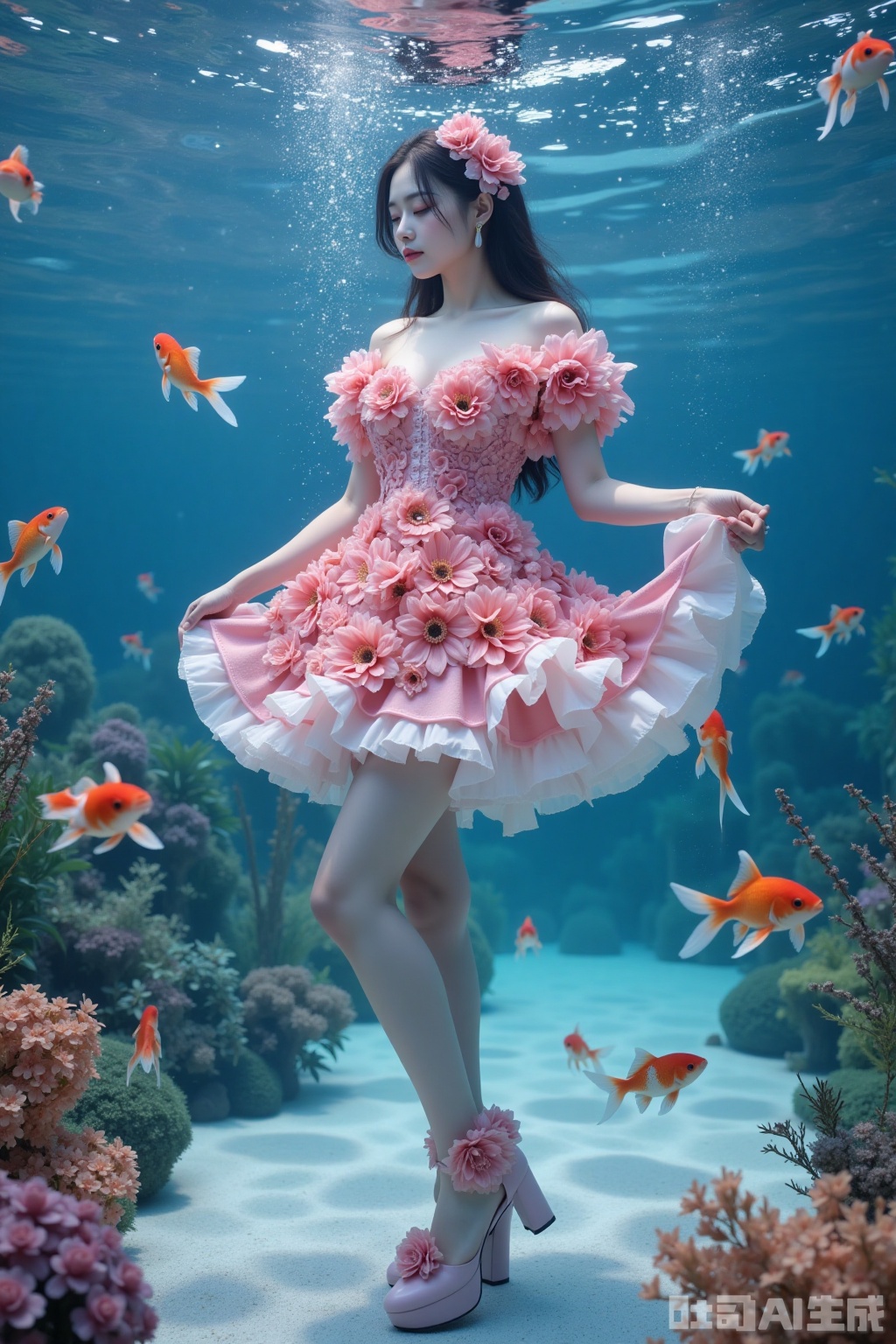 Realistic photo of a young woman with long hair, eyes closed, fair skin, big breasts, off-shoulder pink dress made up of flowers, long legs, pink flowers high heels, full body, underwater, goldfish,