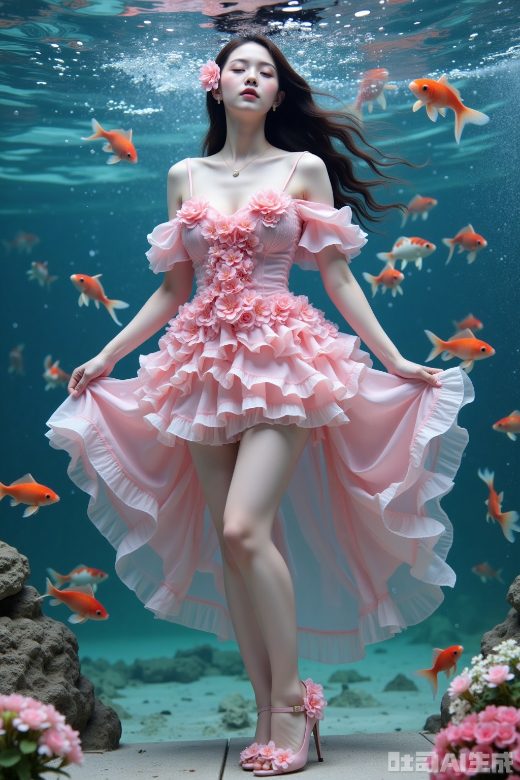 Realistic photo of a young woman with long hair, eyes closed, fair skin, big breasts, off-shoulder pink dress made up of flowers, long legs, pink flowers high heels, full body, underwater, goldfish,