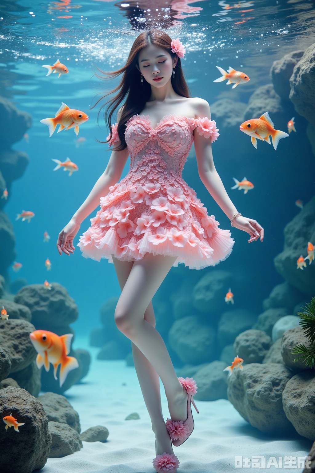 Realistic photo of a young woman with long hair, eyes closed, fair skin, big breasts, off-shoulder pink dress made up of flowers, long legs, pink flowers high heels, full body, underwater, goldfish,
