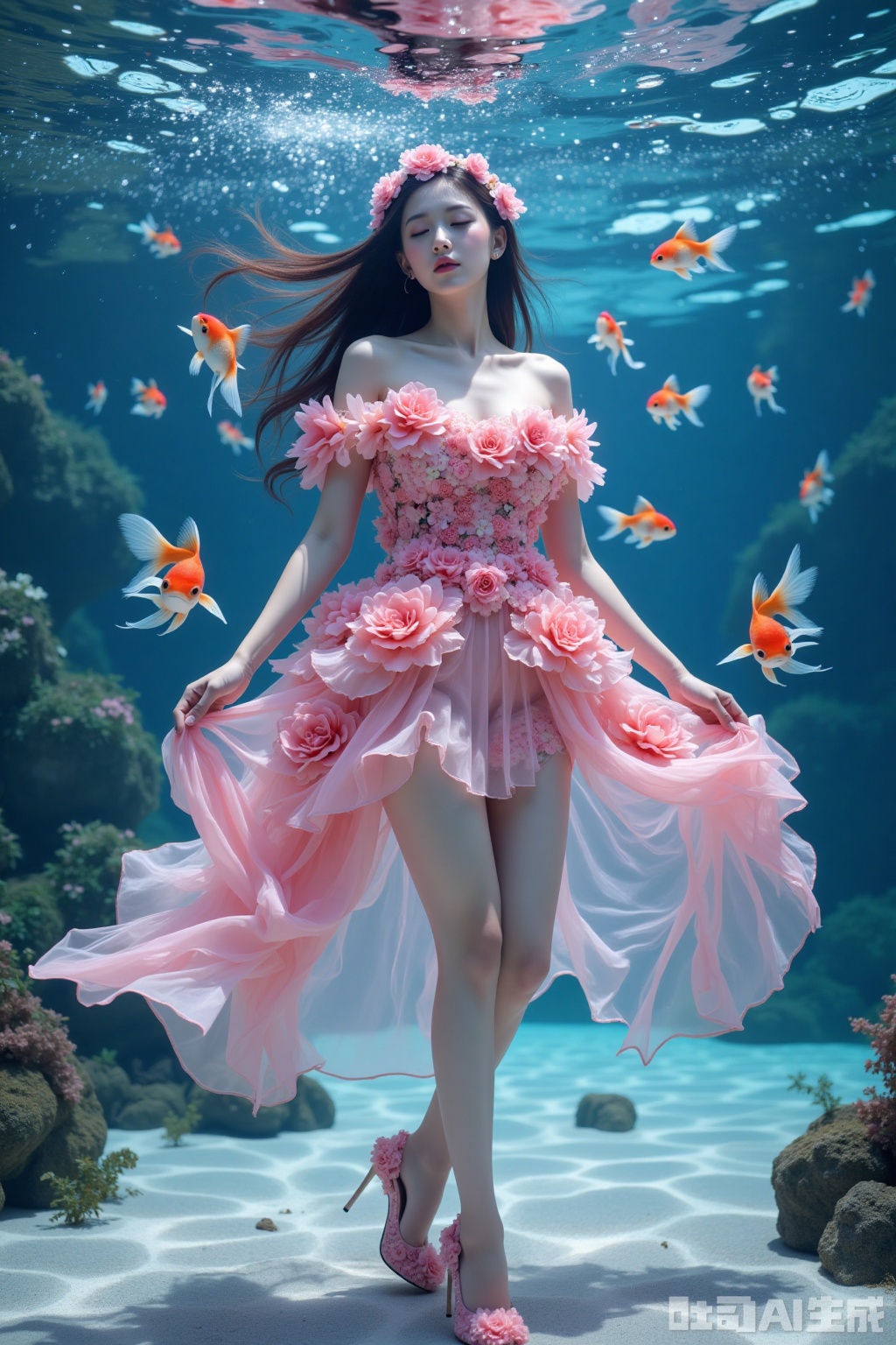 Realistic photo of a young woman with long hair, eyes closed, fair skin, big breasts, off-shoulder pink dress made up of flowers, long legs, pink flowers high heels, full body, underwater, goldfish,