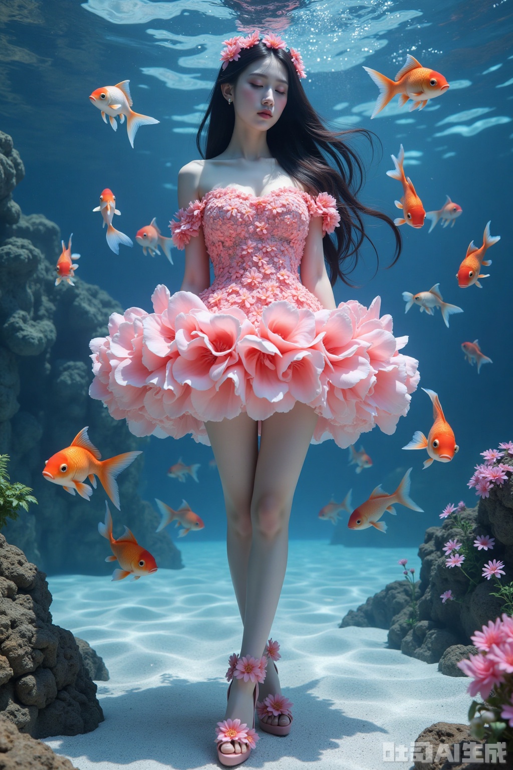 Realistic photo of a young woman with long hair, eyes closed, fair skin, big breasts, off-shoulder pink dress made up of flowers, long legs, pink flowers high heels, full body, underwater, goldfish,