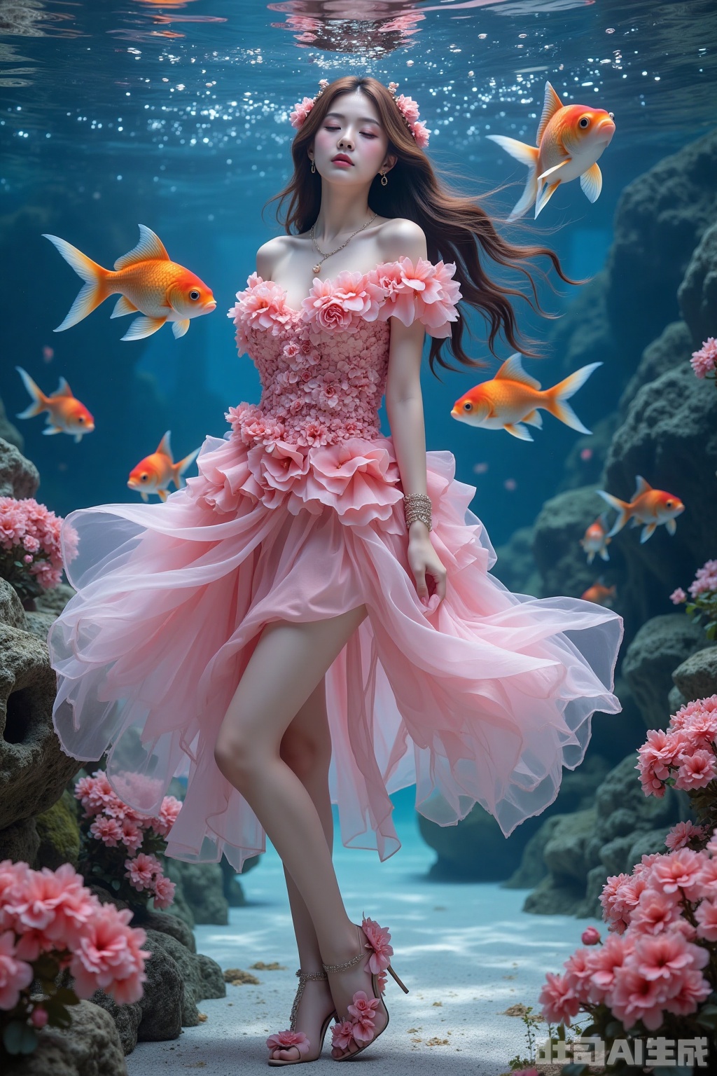 Realistic photo of a young woman with long hair, eyes closed, fair skin, big breasts, off-shoulder pink dress made up of flowers, long legs, pink flowers high heels, full body, underwater, goldfish,