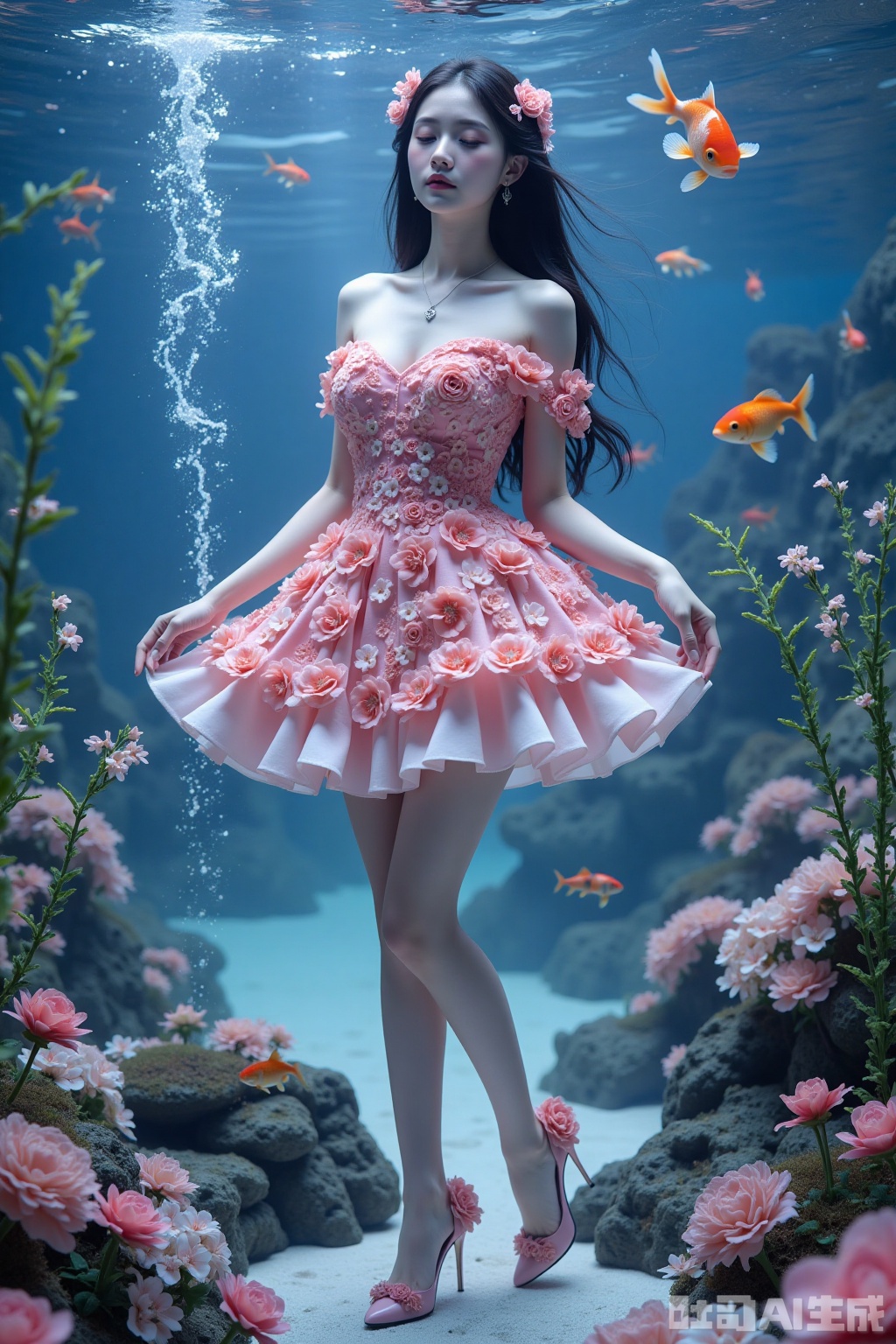 Realistic photo of a young woman with long hair, eyes closed, fair skin, big breasts, off-shoulder pink dress made up of flowers, long legs, pink flowers high heels, full body, underwater, goldfish,